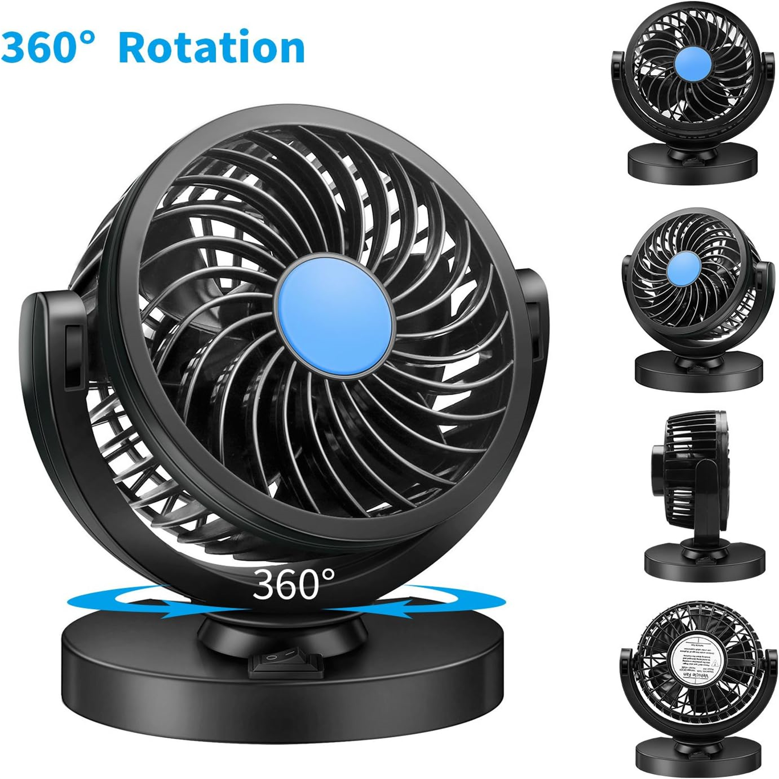 Schwarzer Ventilator mit blauem Zentrum, 360° Drehung. Mehrere Ansichten werden gezeigt, einschließlich Seitenansicht.
