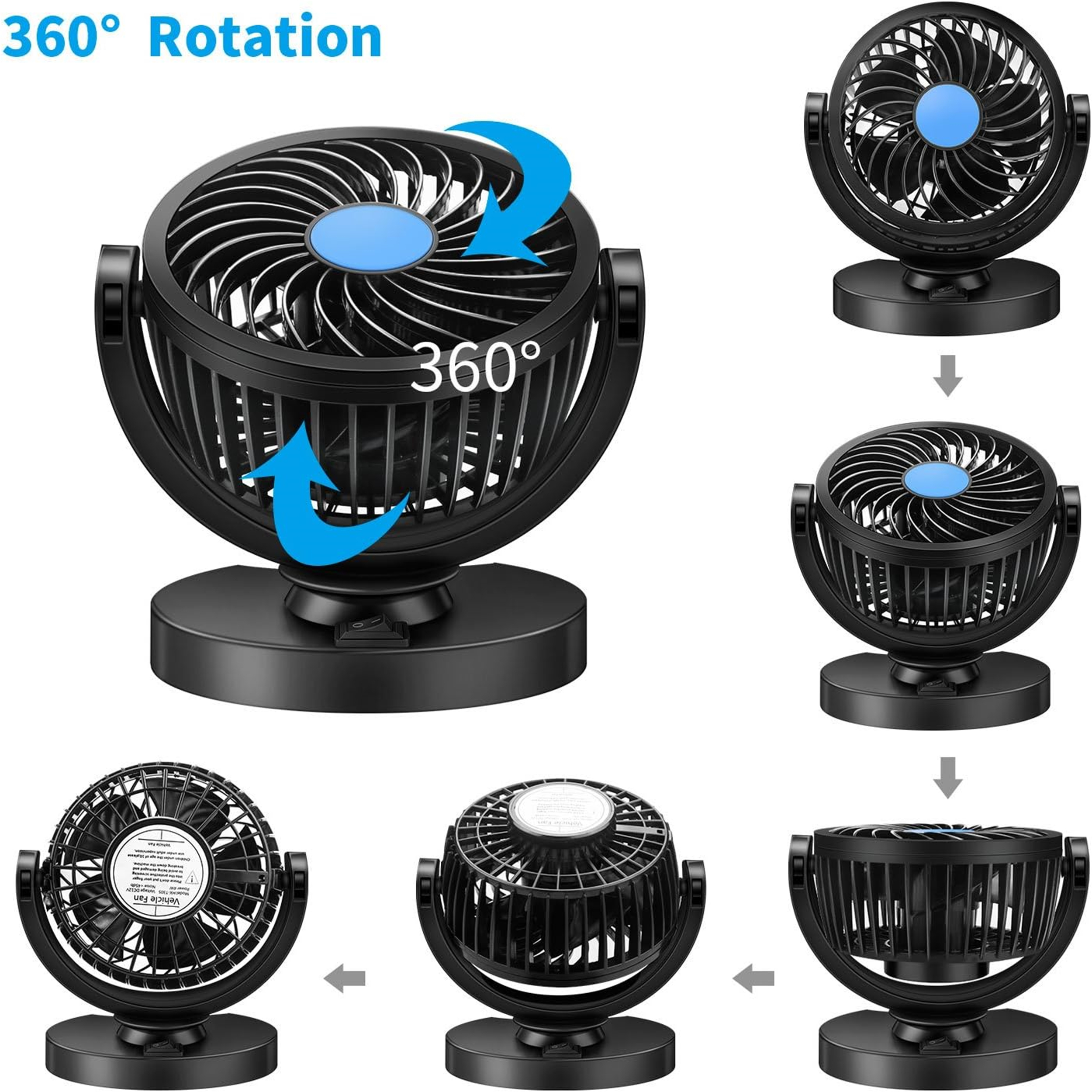 Schwarzer Ventilator mit blauem Zentrum, 360° Drehung. Mehrere Ansichten. Basis und Lüfterblätter sind sichtbar.