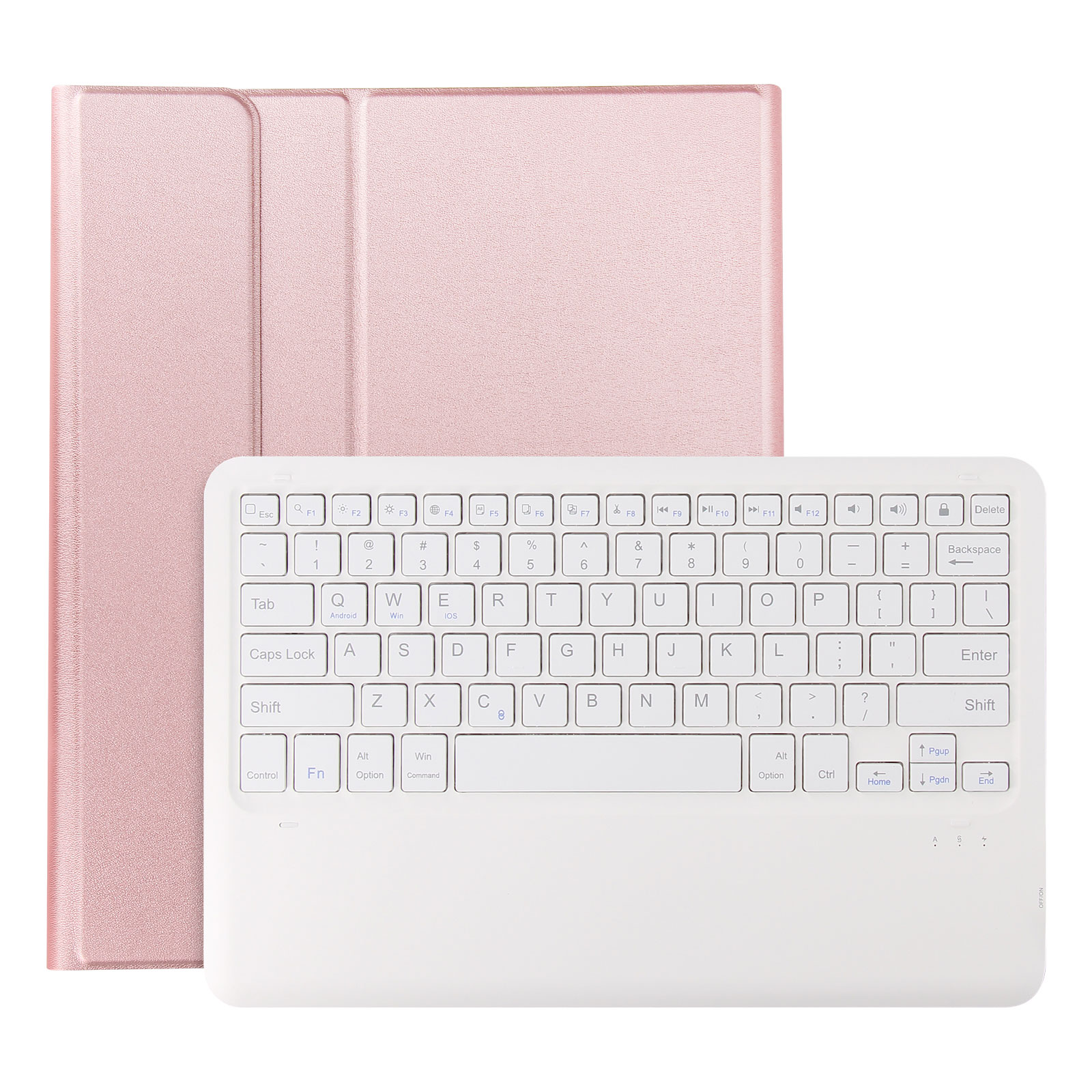 Rosa Tablet-Hülle mit weißer Tastatur. Beide liegen auf weißem Hintergrund.