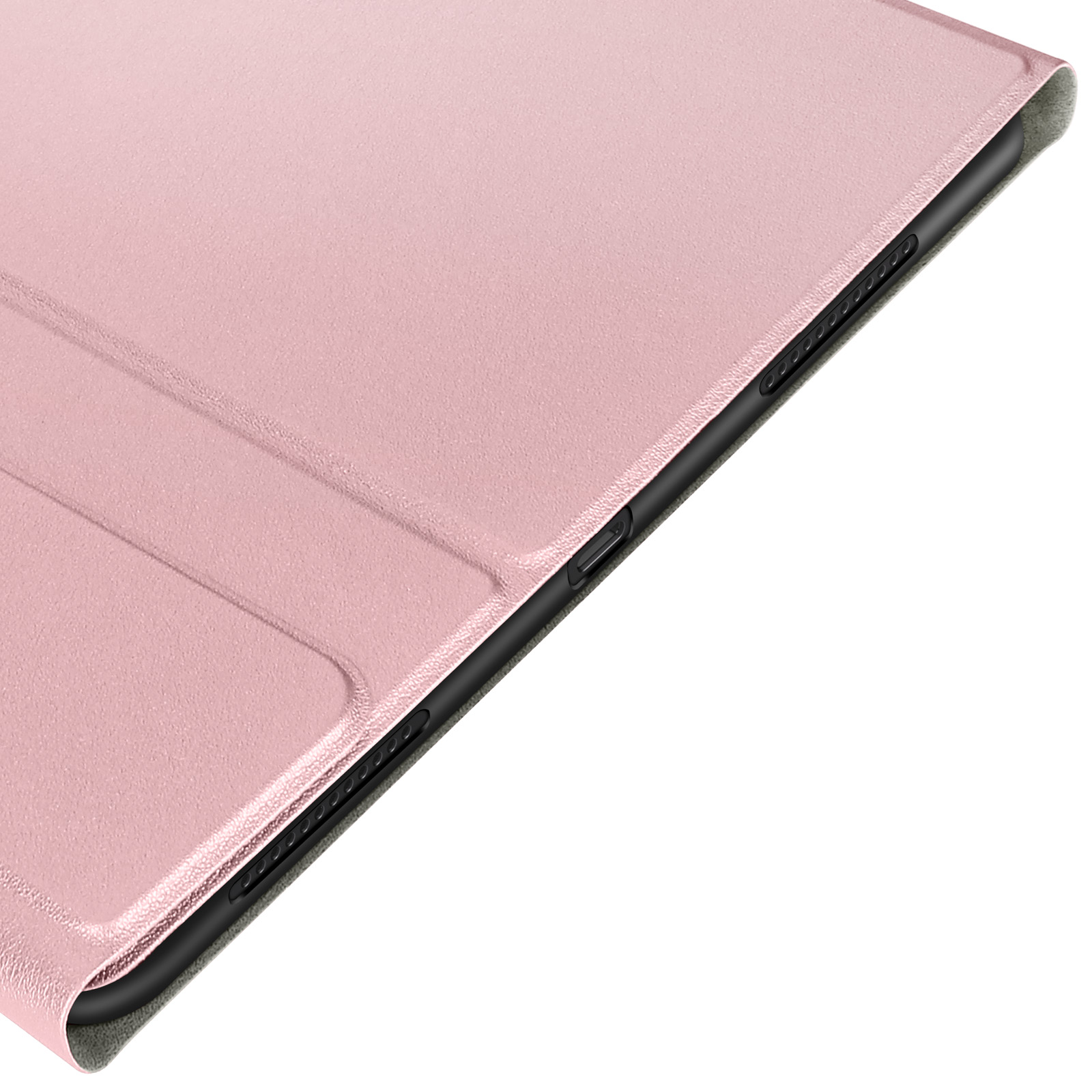 Nahaufnahme einer rosa Tablet-Hülle. Zeigt die Oberfläche der Hülle und einen schwarzen Rand mit Anschlüssen.