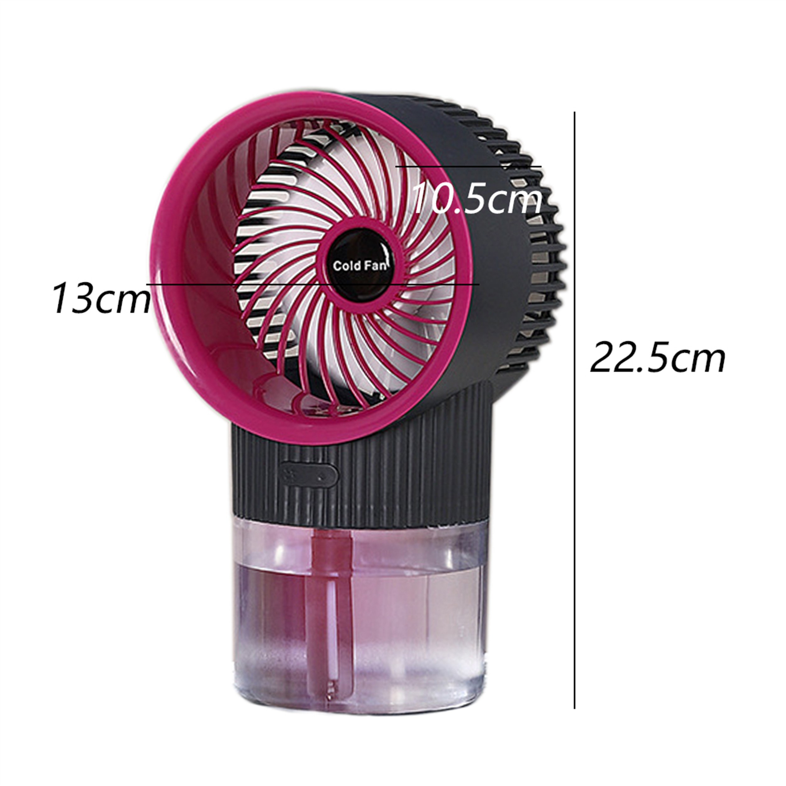 Schwarzer und rosa tragbarer Kaltlüfter mit Abmessungen. Er hat einen Wassertank und einen Ventilator mit rosa Flügeln. Auf weißem Grund.