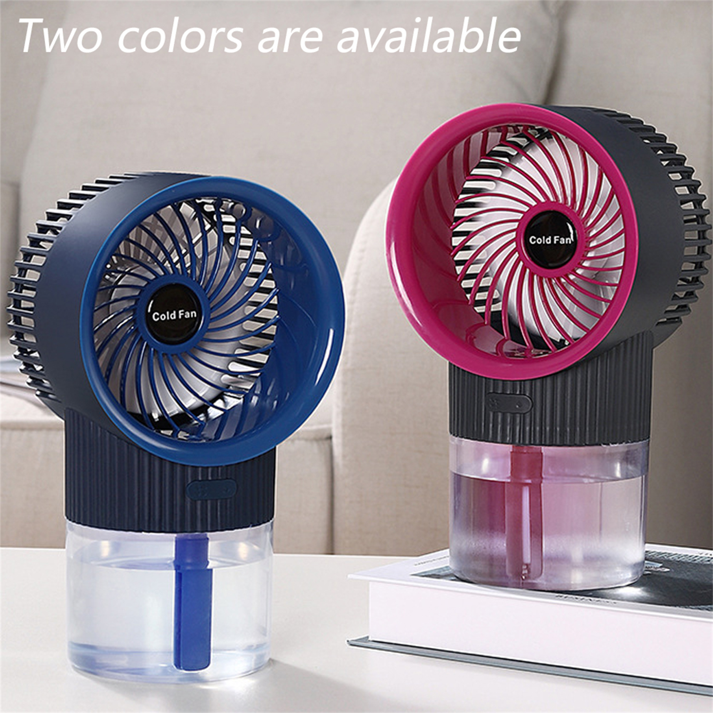 Zwei Ventilatoren, blau und rosa, nebeneinander, auf weißer Oberfläche.