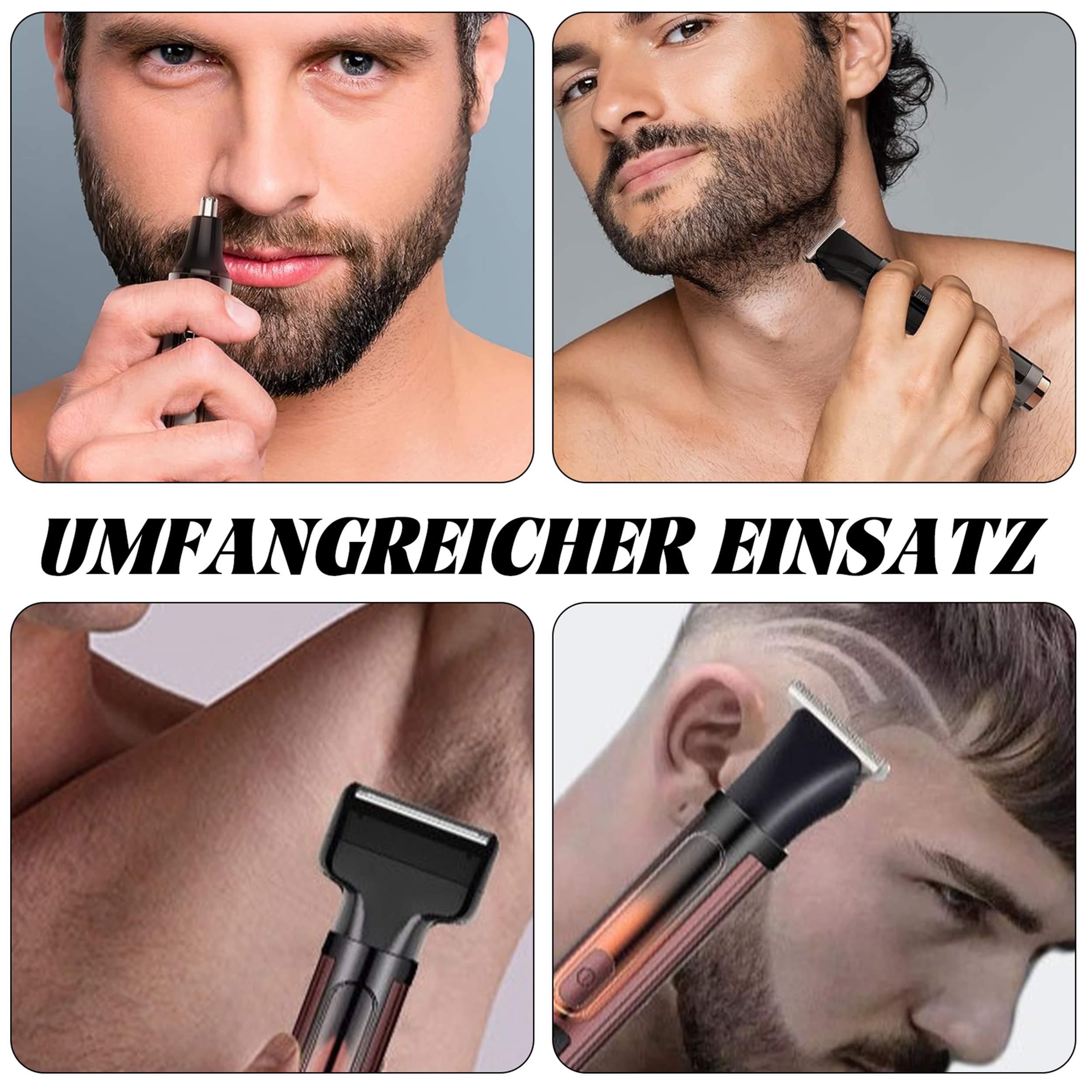 Vier Bilder, die Männer bei der Verwendung eines Trimmers zeigen. Text 'UMFANGREICHER EINSATZ' befindet sich unten im Bild.