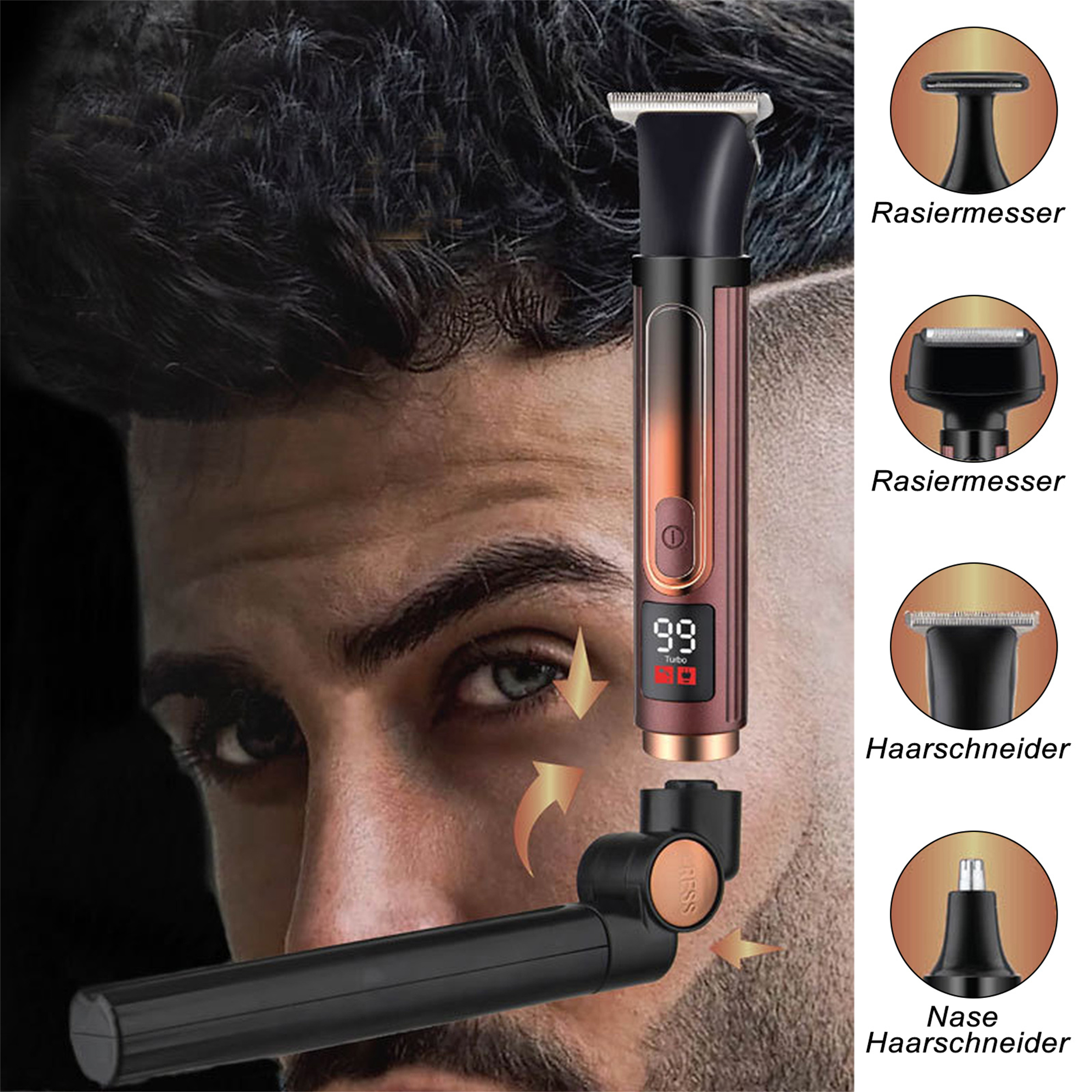 Ein Mann mit einem Trimmer. Verschiedene Trimmerköpfe und der Trimmer werden gezeigt. Text lautet 'RASIERMESSE' und 'HAARSCHNEIDER'.