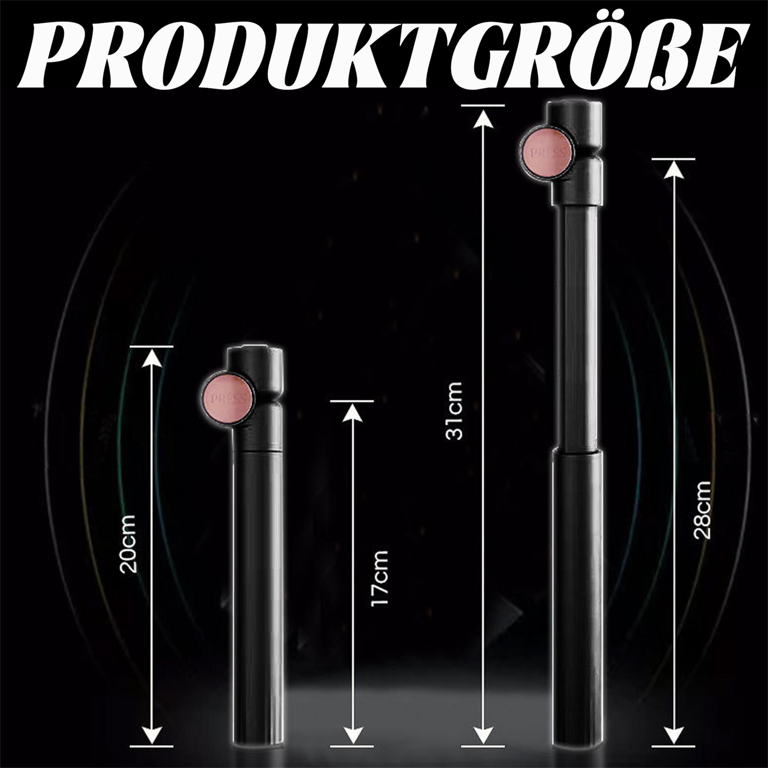 Zwei schwarze und rosa ausziehbare Artikel mit Messungen, beschriftet mit 'PRODUKTGRÖßE'. Einer ist ausgezogen, der andere eingefahren.