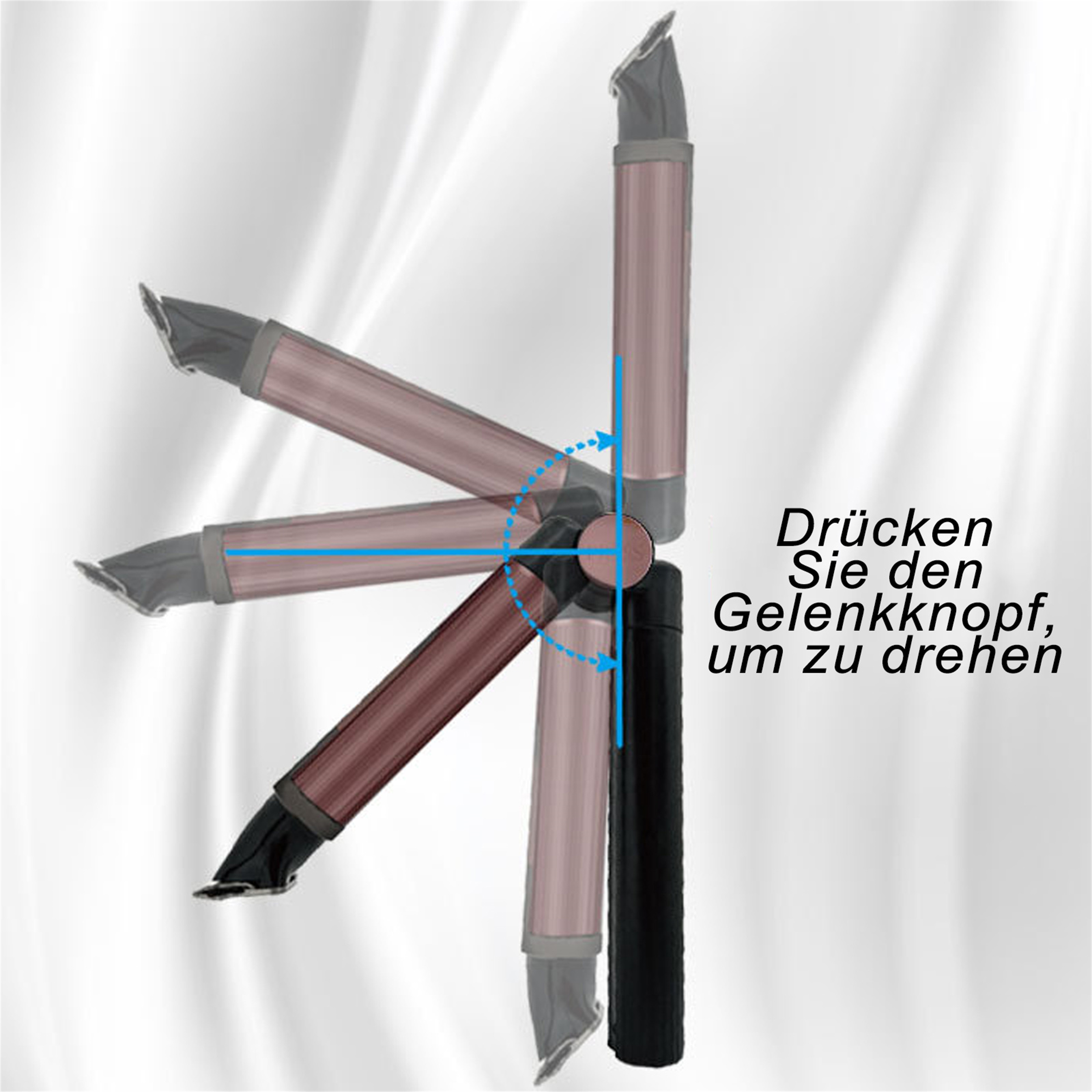 Ein Trimmer mit verschiedenen abgewinkelten Positionen und dem Text 'Drücken Sie den Gelenkknopf, um zu drehen'.