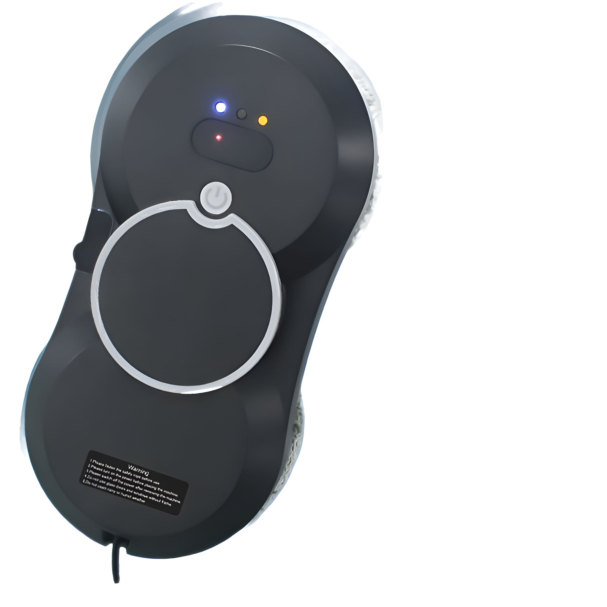 Ein schwarz-weißer Fensterputzroboter mit Ein-/Aus-Taste und Lichtern, isoliert auf Weiß.