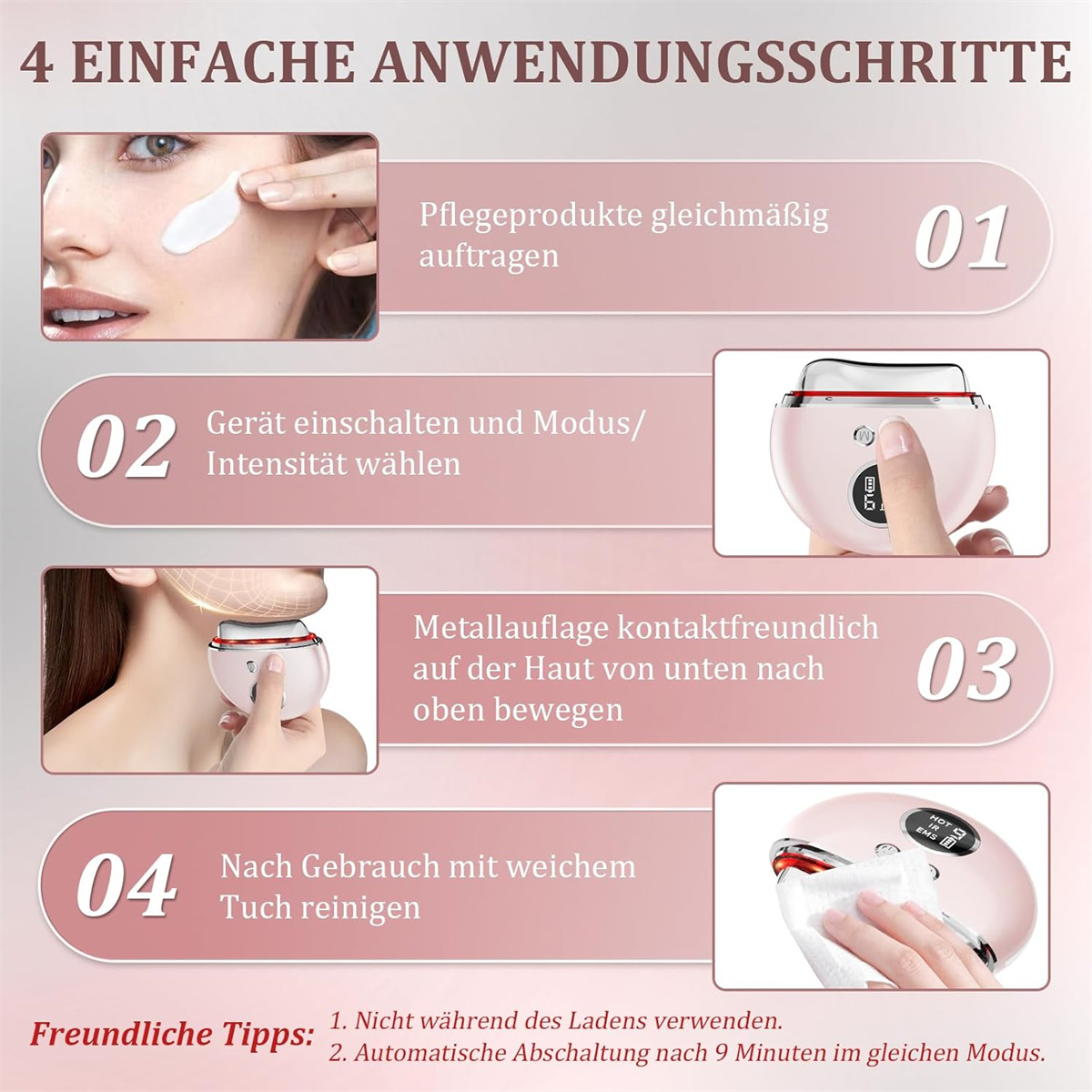 Vier Schritte zur Verwendung eines Gesichtsgeräts: Creme auftragen, einschalten, verwenden und mit einem Tuch reinigen.