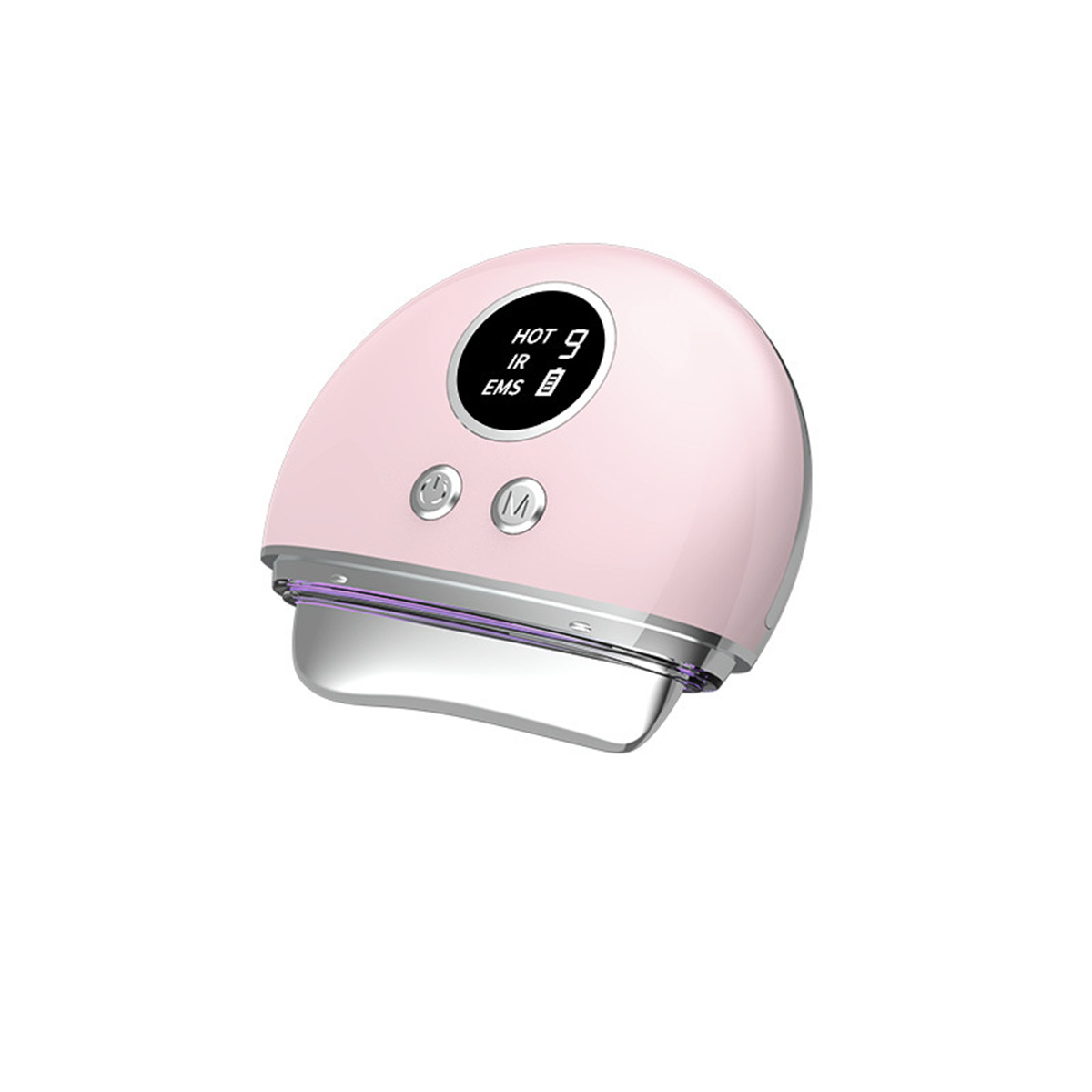 Ein rosa Gerät mit silbernem Sockel wird gezeigt. Der Bildschirm zeigt 'HOT', 'IR' und 'EMS'.