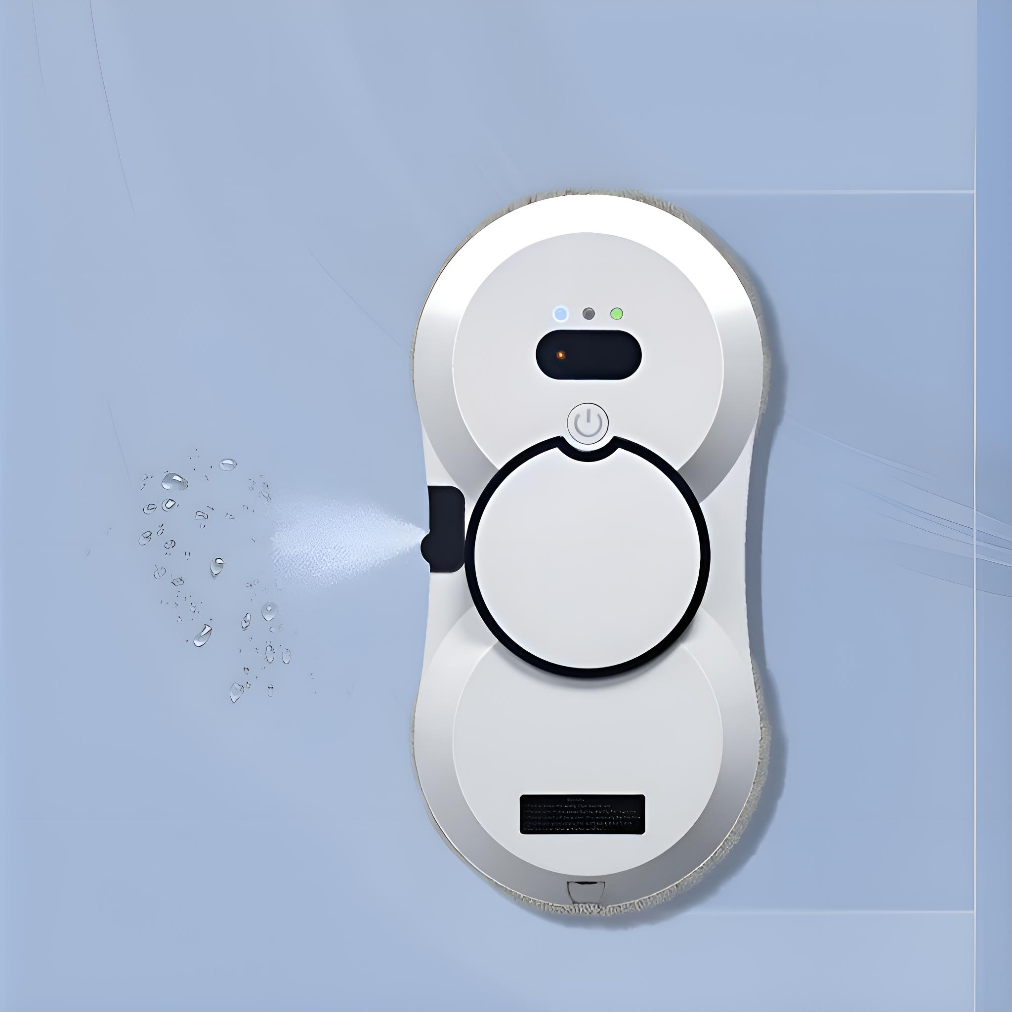 Ein weißer Fensterputzroboter mit Wassertropfen auf blauem Hintergrund und einem Lichtstrahl.