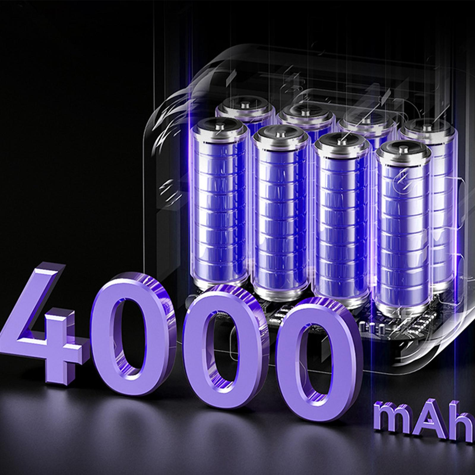 Eine Batterie mit dem Text '4000 mAh' daneben, in dunkler Umgebung angeordnet.