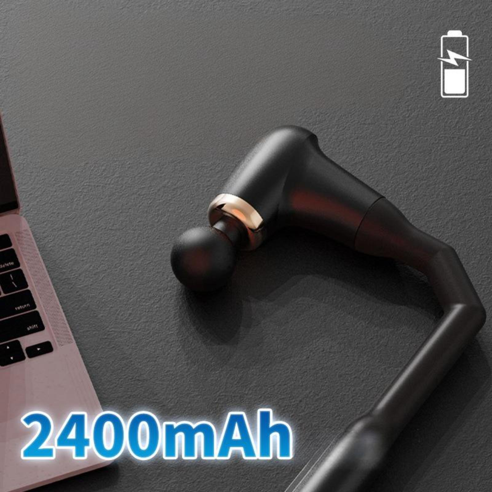 Eine schwarze Massagepistole mit 2400 mAh neben einem Laptop. Grauer Hintergrund.