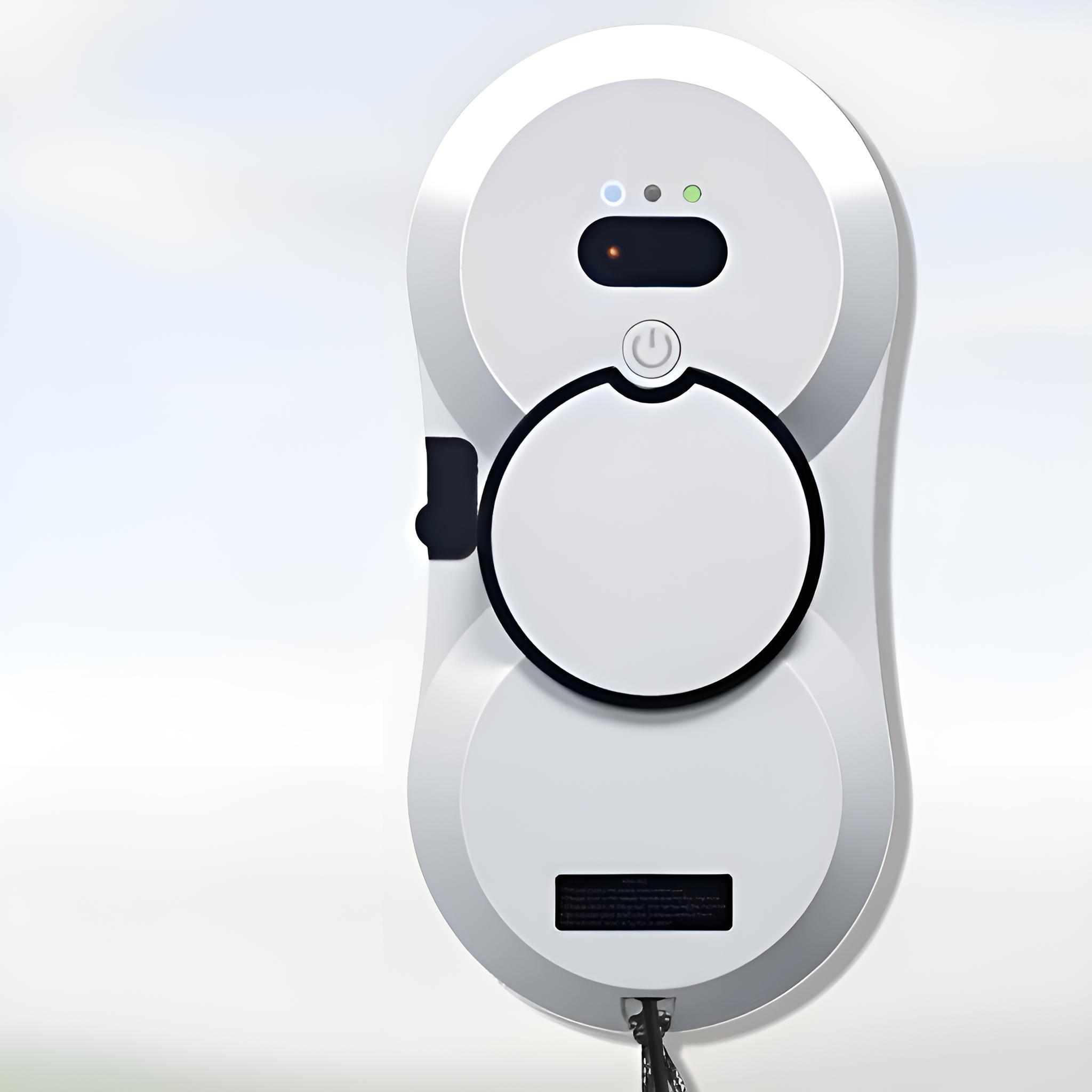 Weißer, runder Fensterputzroboter mit schwarzem Griff und drei Lichtern. Weißer Hintergrund.
