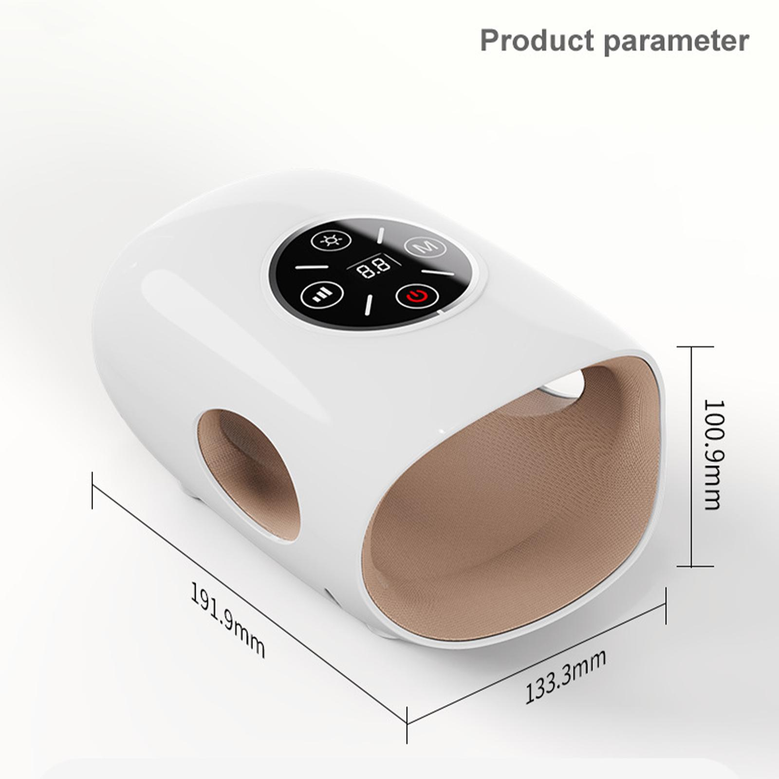 Weißer Handmassagegerät mit einem Produktparameteretikett. Die Abmessungen betragen 191,9 mm x 133,3 mm.
