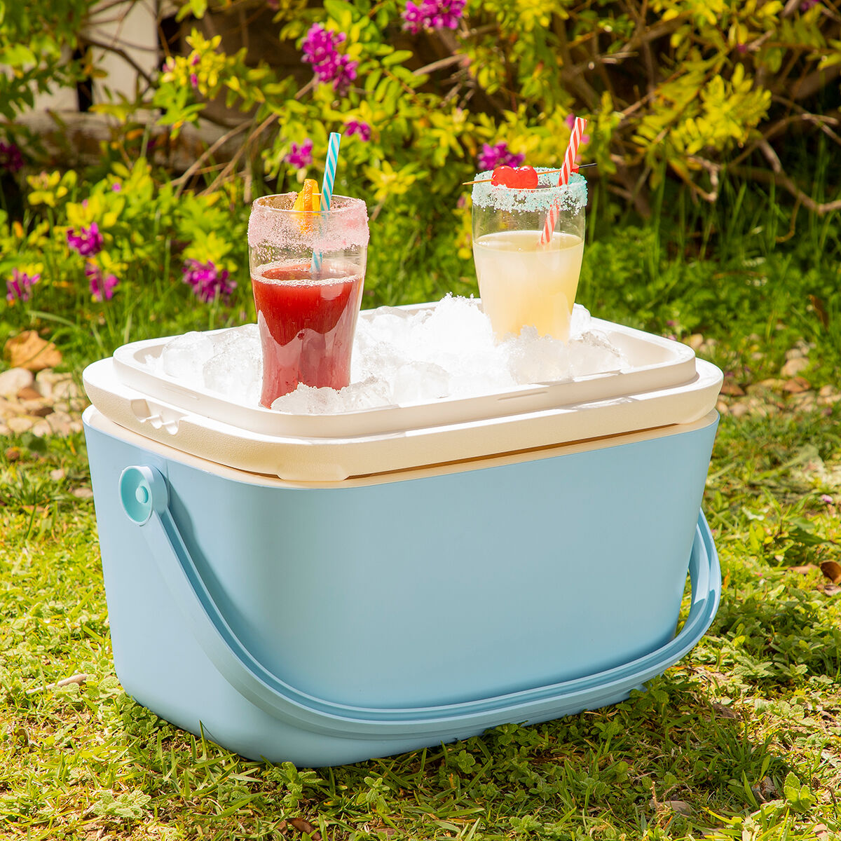 Ein blauer Kühler mit Eis und zwei Cocktails in Gläsern mit Strohhalmen steht auf Gras vor einem Busch.