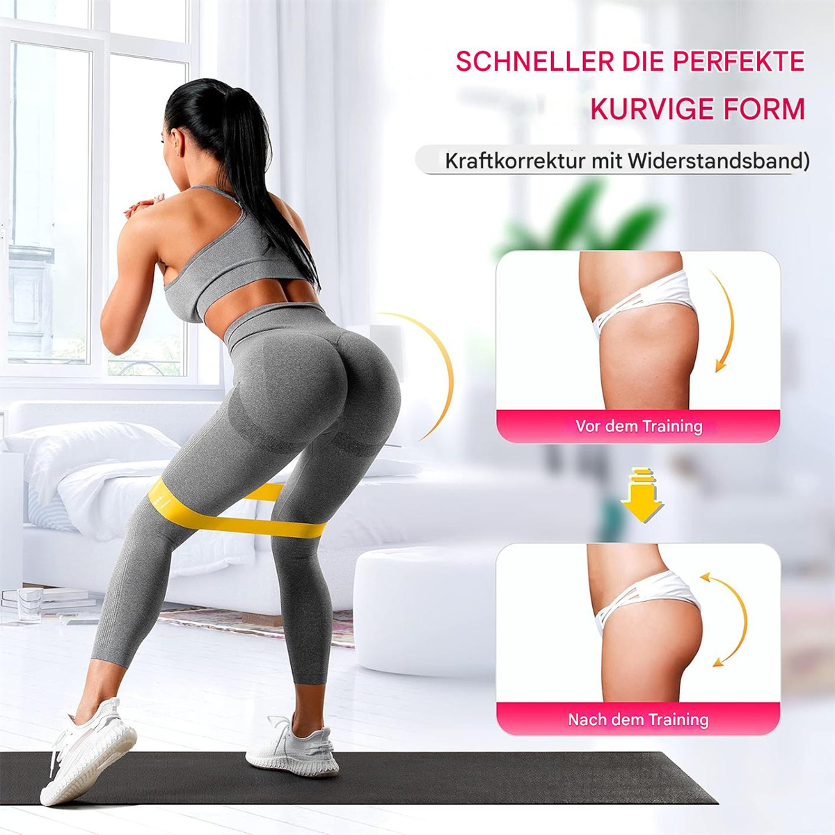 Eine Frau hockt sich mit einem gelben Widerstandsband und demonstriert die Übung, mit Vorher-Nachher-Bildern.