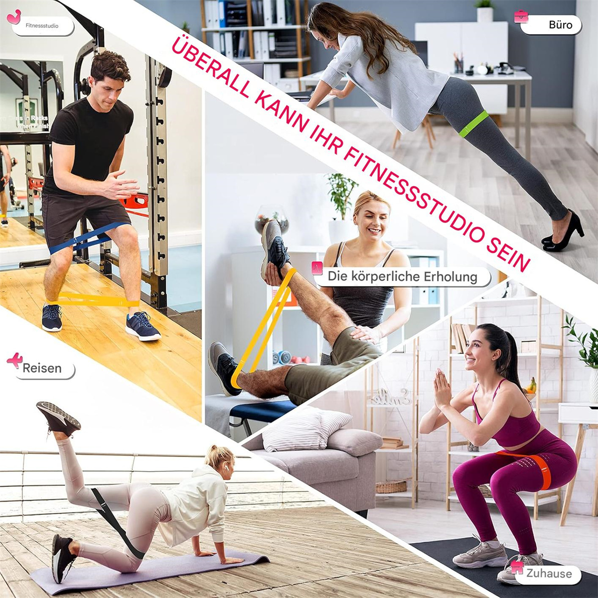 Verschiedene Personen, die Widerstandsbänder in verschiedenen Umgebungen verwenden: Fitnessstudio, Zuhause und im Freien.