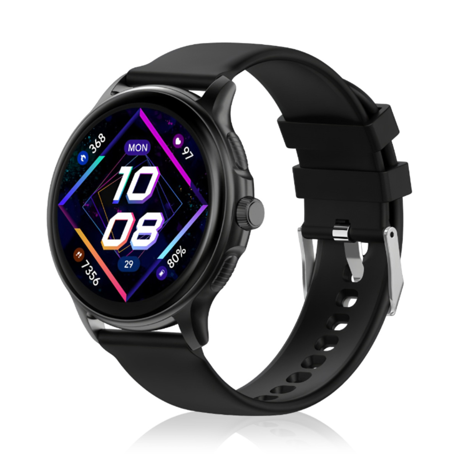 Schwarze Smartwatch mit farbenfrohem Display, isoliert auf Weiß.