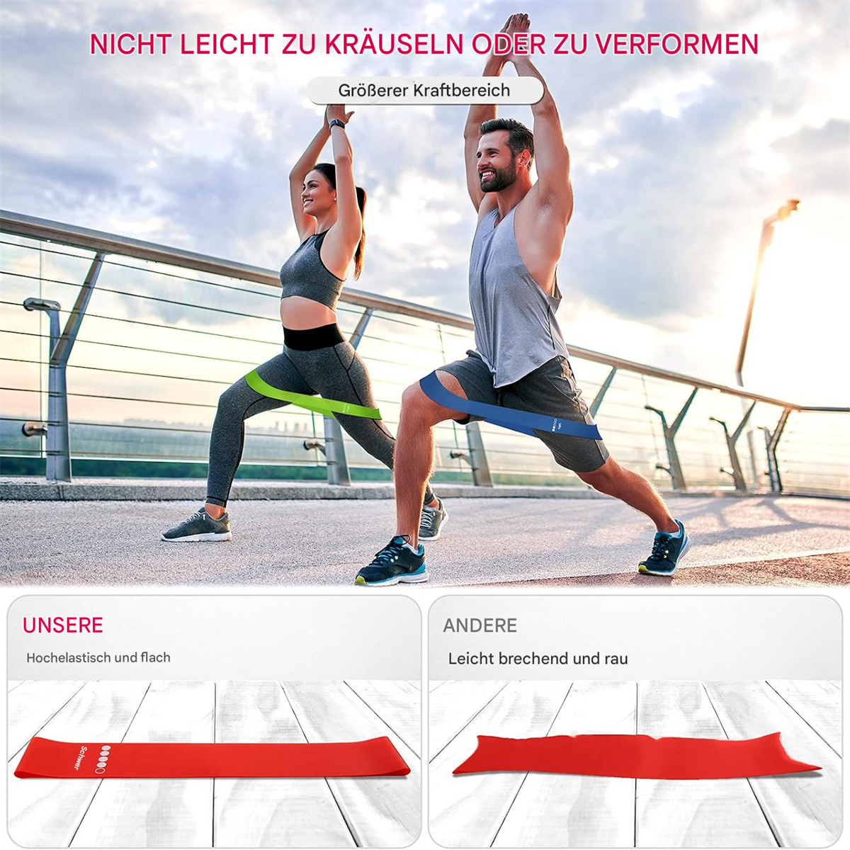 Zwei Personen, die im Freien Widerstandsbänder verwenden. Eine Person macht einen Ausfallschritt.