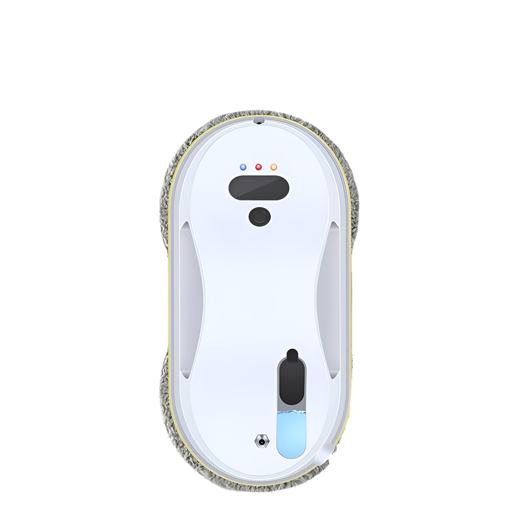 Weißer, gelb umrandeter Fensterputzroboter mit drei farbigen Lichtern und einem Wassertank.