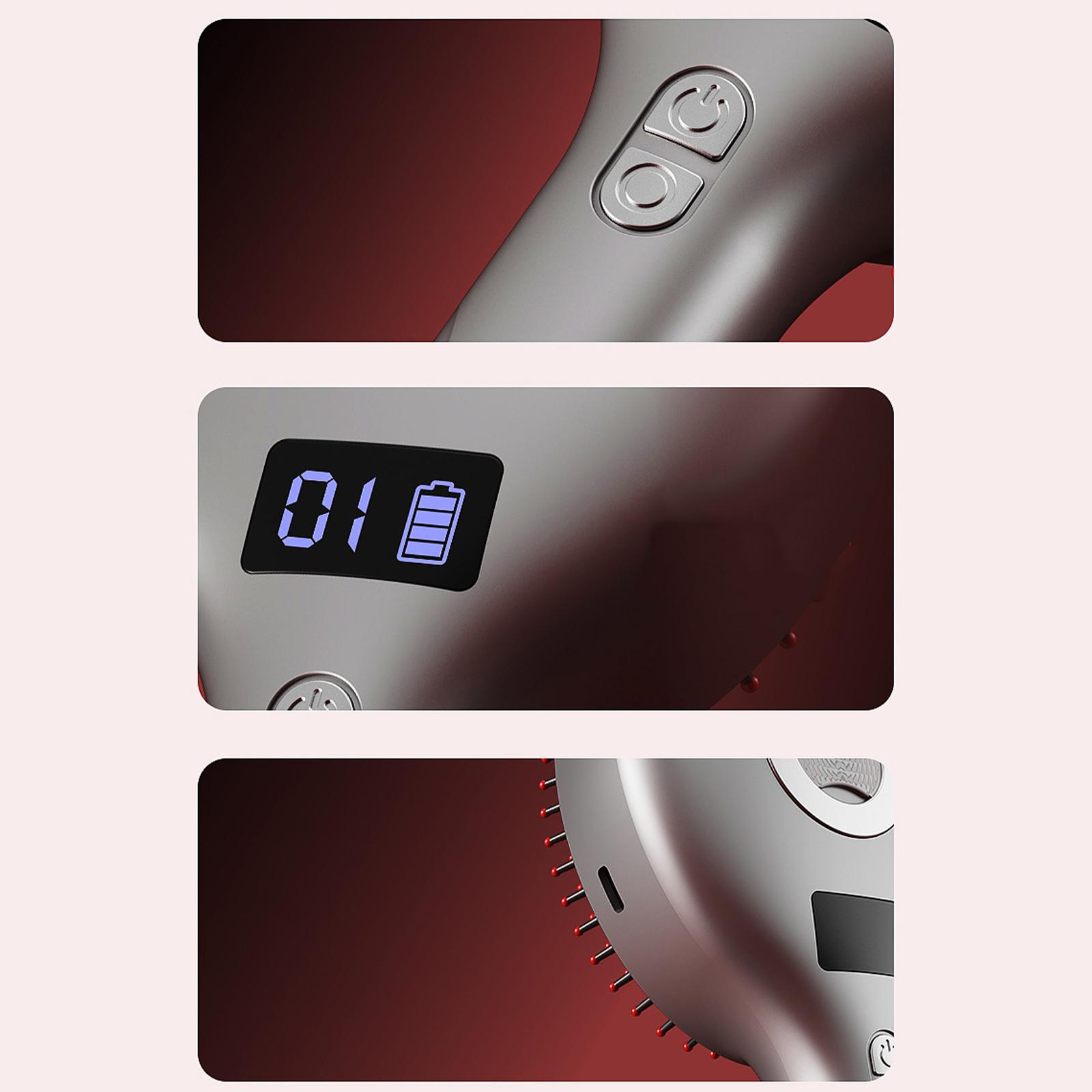 Drei Fotos zeigen Details einer grauen Haarbürste: Ein-Aus-Knopf, Batteriedisplay und rote Borsten.