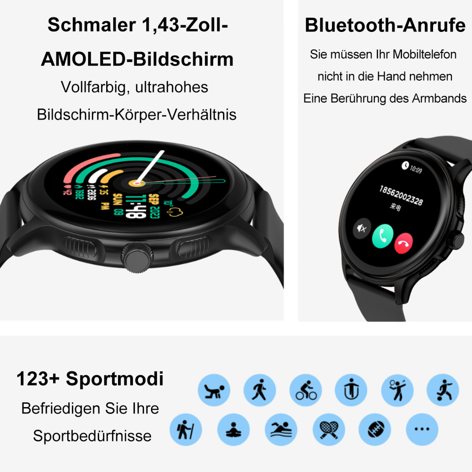 Schwarze Smartwatch mit Anzeige von Uhrzeit und Gesundheitsdaten. Das zweite Bild zeigt eine Telefonanrufschnittstelle.