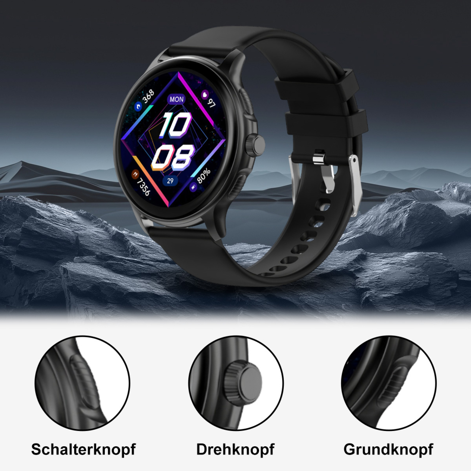 Schwarze Smartwatch auf felsiger Oberfläche. Nahaufnahmen der seitlichen Knöpfe sind ebenfalls sichtbar.