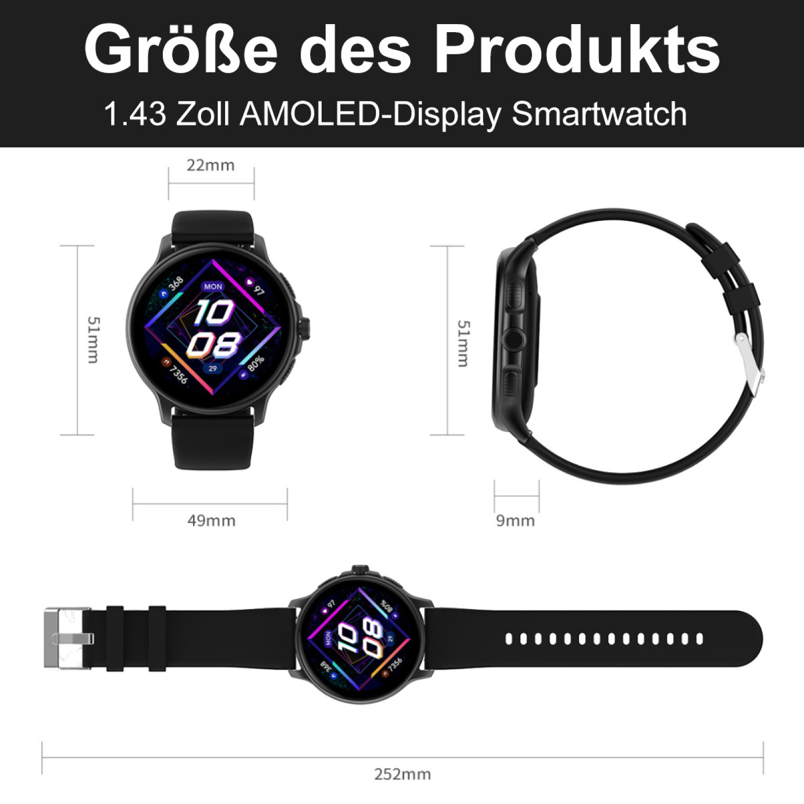 Eine schwarze Smartwatch mit rundem Digitaldisplay, mit Abmessungen und Maßen in mm.