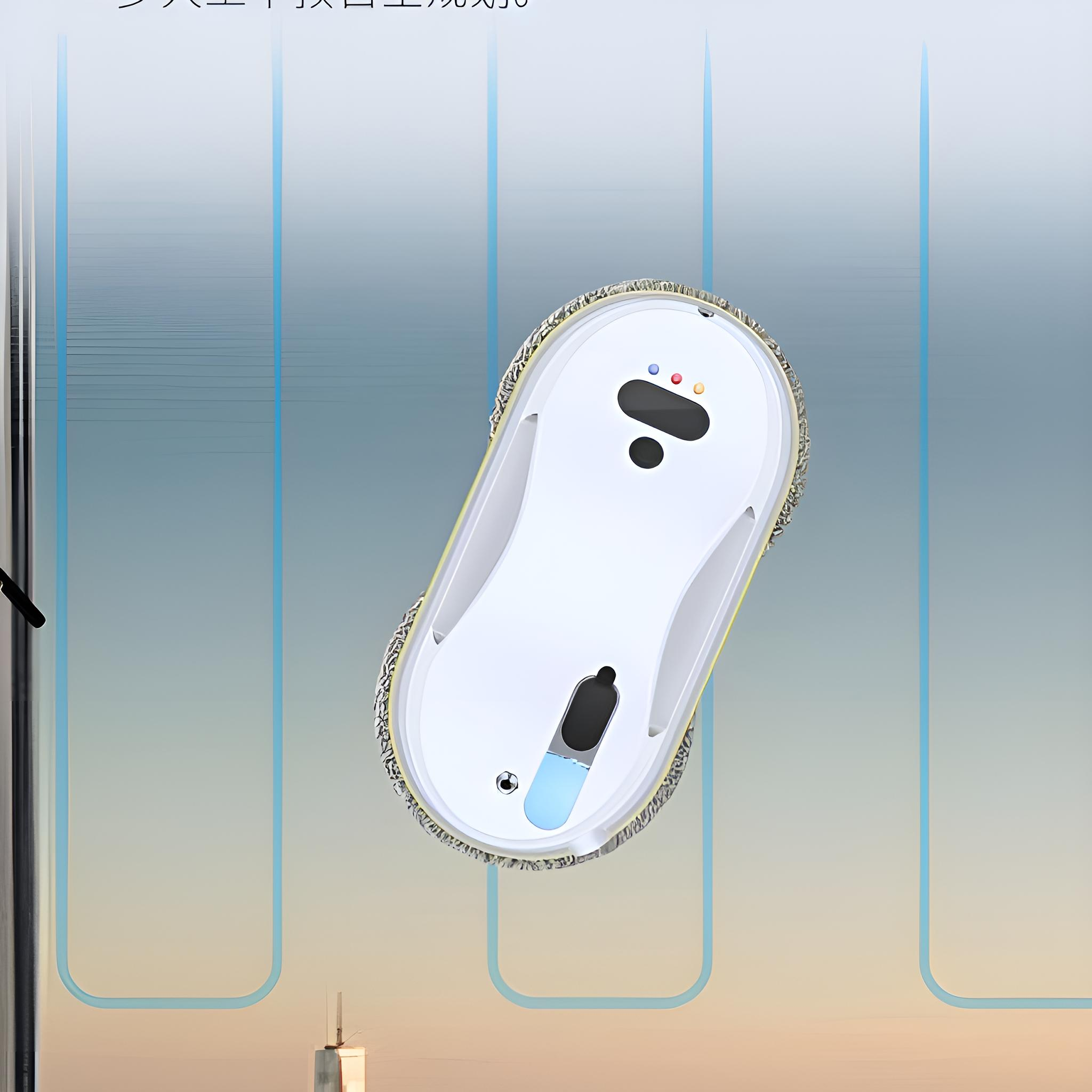 Ein Roboter-Fensterreiniger, der ein Fenster reinigt. Linien auf dem Fenster zeigen den Reinigungspfad.