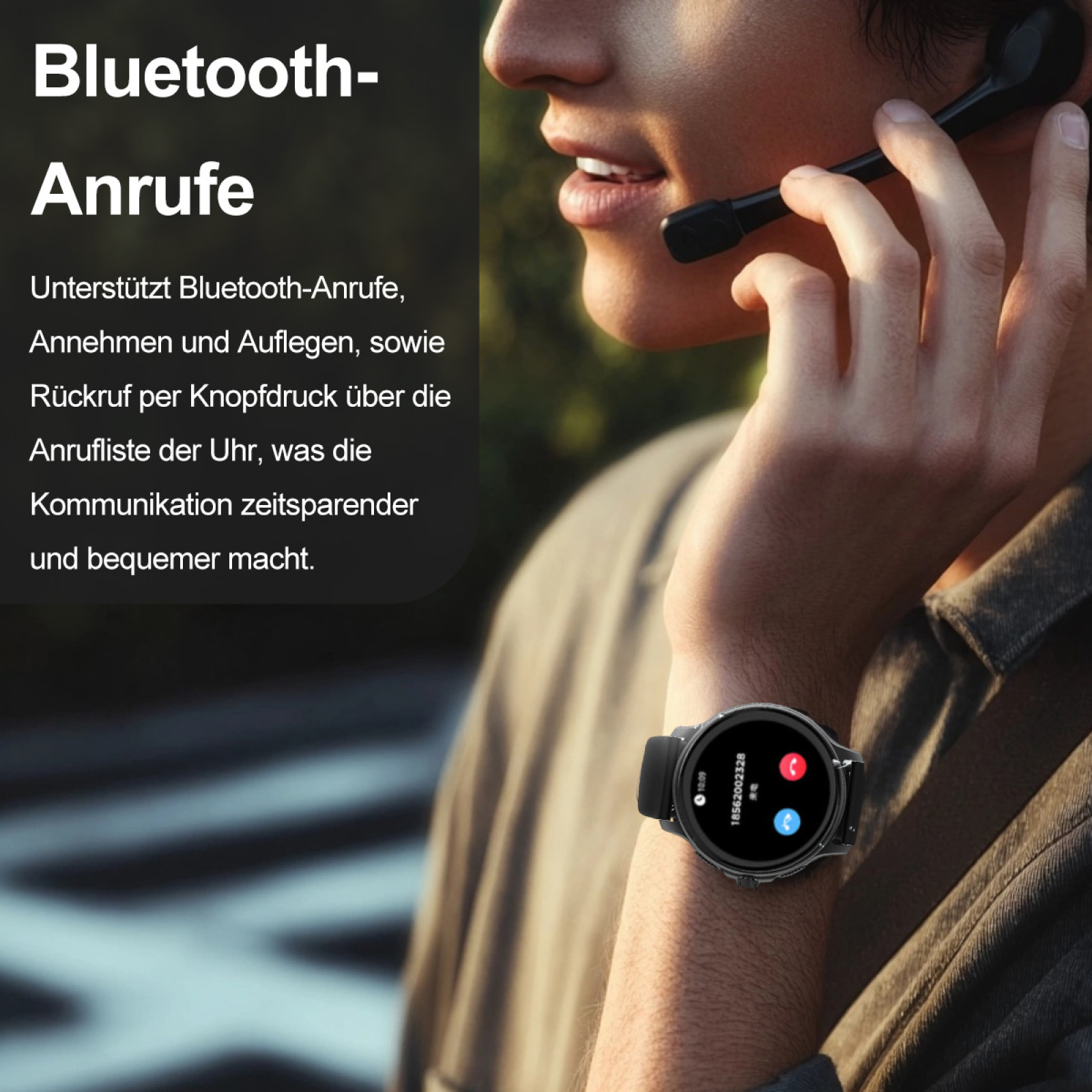 Eine Person, die eine Smartwatch trägt und telefoniert. Der Uhrenbildschirm zeigt eine Anrufoberfläche.