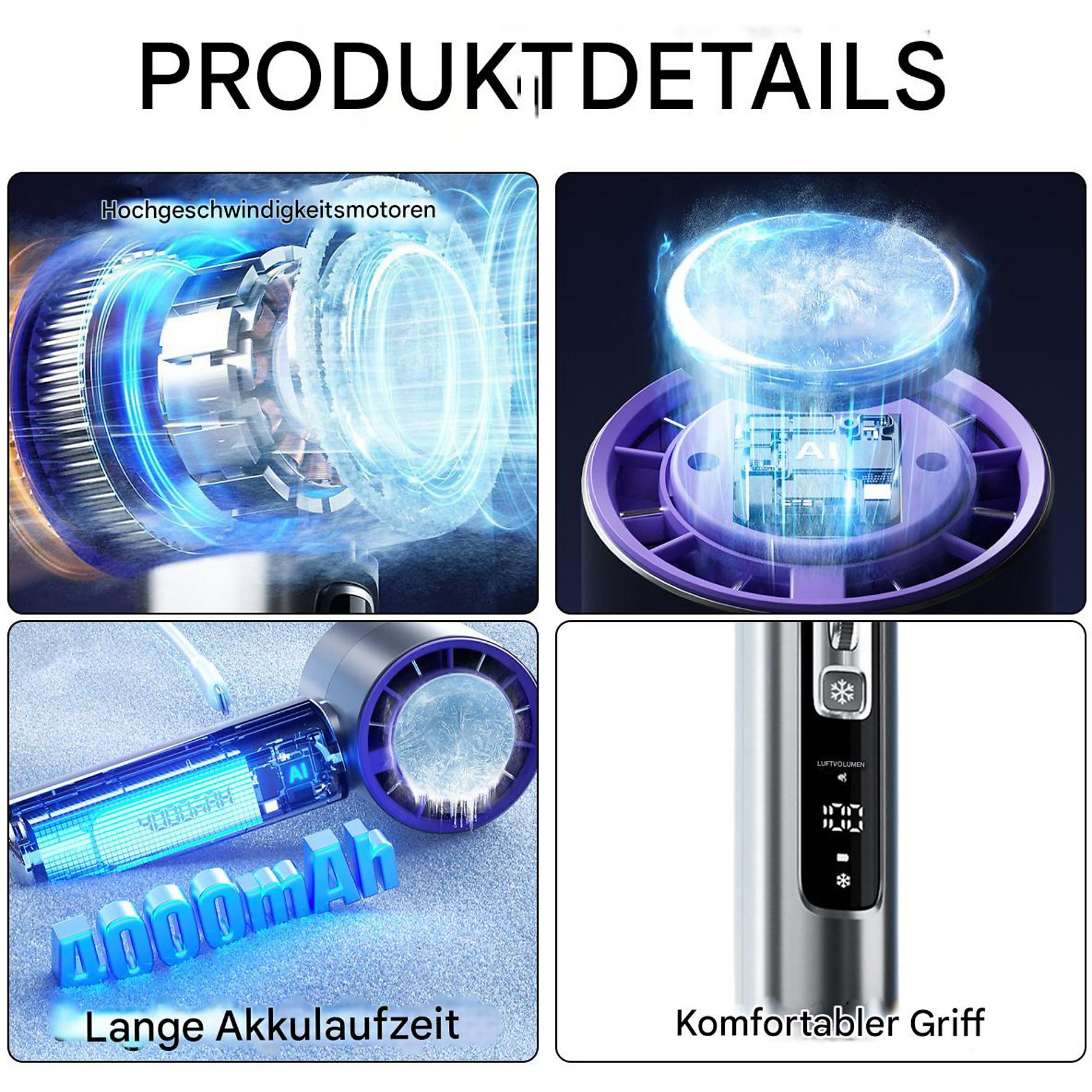 Nahaufnahmen eines Haartrockners, die Details des Motors, des Luftauslasses und des Griffs zeigen.