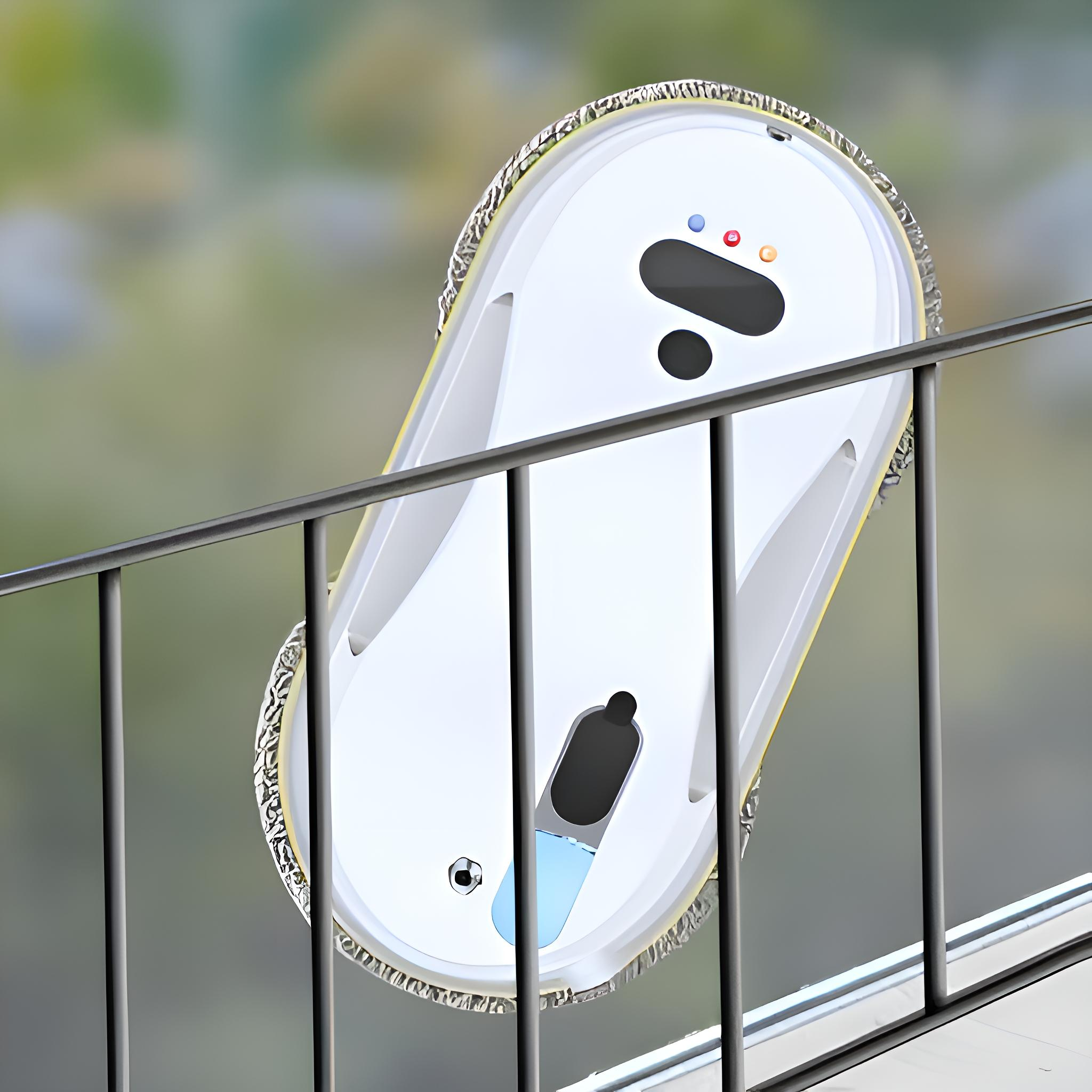 Fensterputzroboter reinigt ein Fenster. Der Roboter ist weiß mit gelben Rändern, auf einem Balkon.
