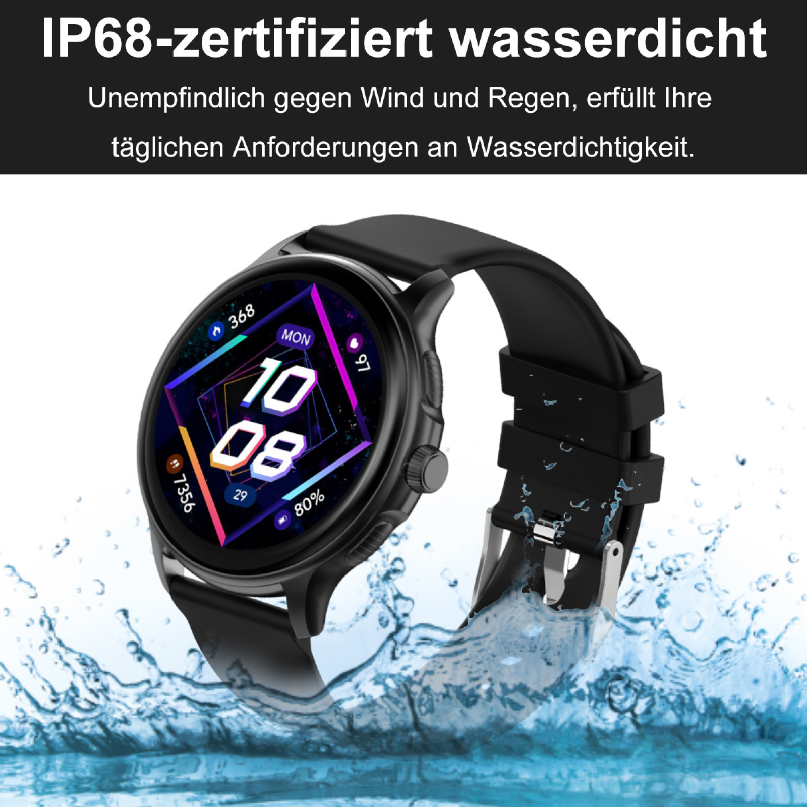 Eine schwarze Smartwatch auf nasser Oberfläche. Wassertropfen und Spritzer sind sichtbar.