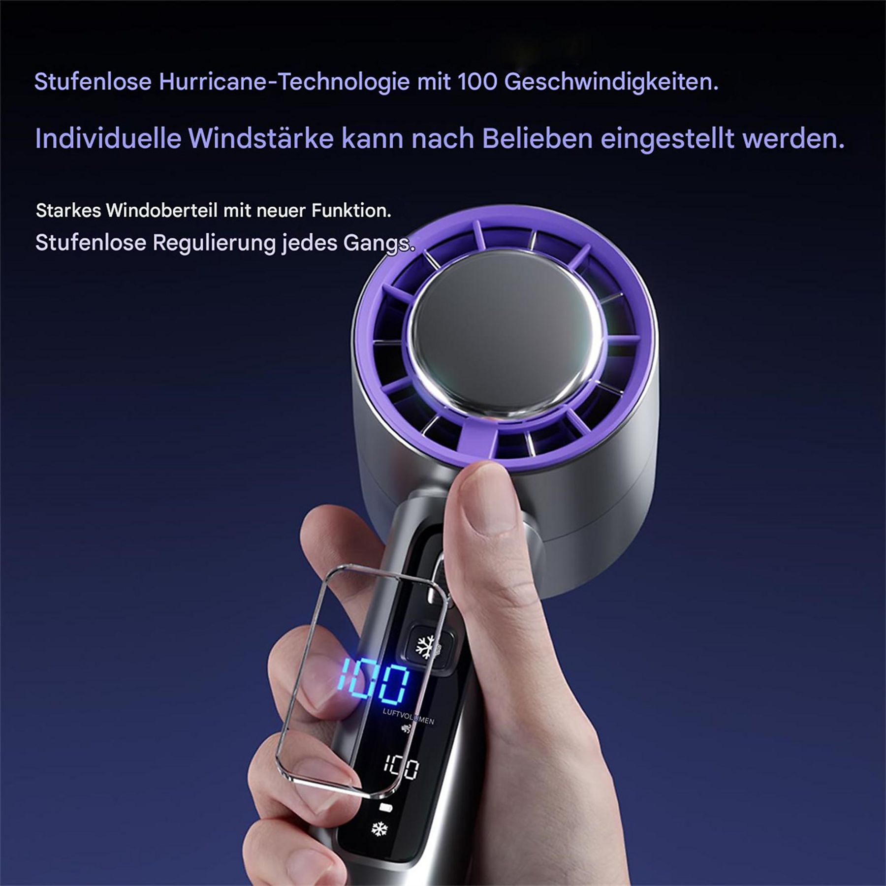 Eine Hand, die einen silbernen und lila Ventilator hält, mit einer Digitalanzeige, die Zahlen zeigt.
