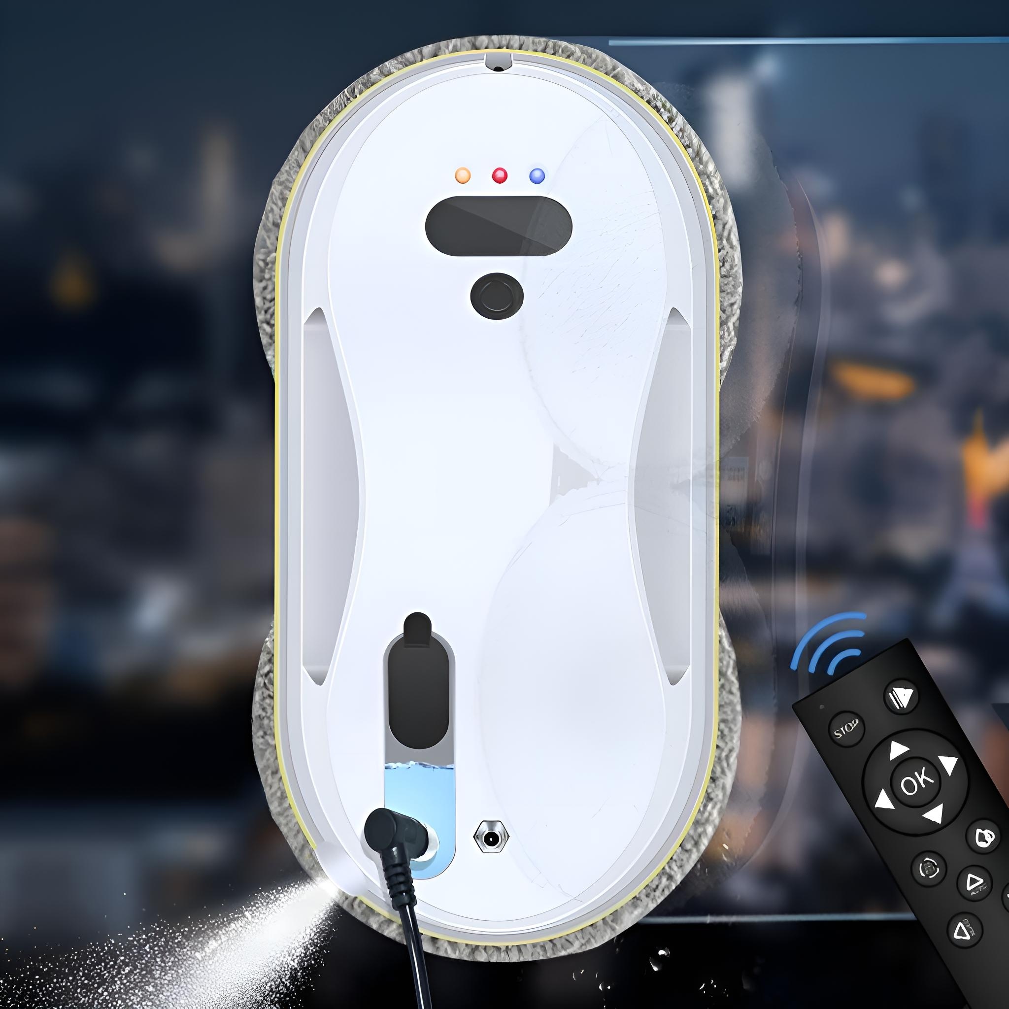 Fensterputzroboter reinigt ein Fenster. Eine Fernbedienung befindet sich ebenfalls auf der rechten Seite.