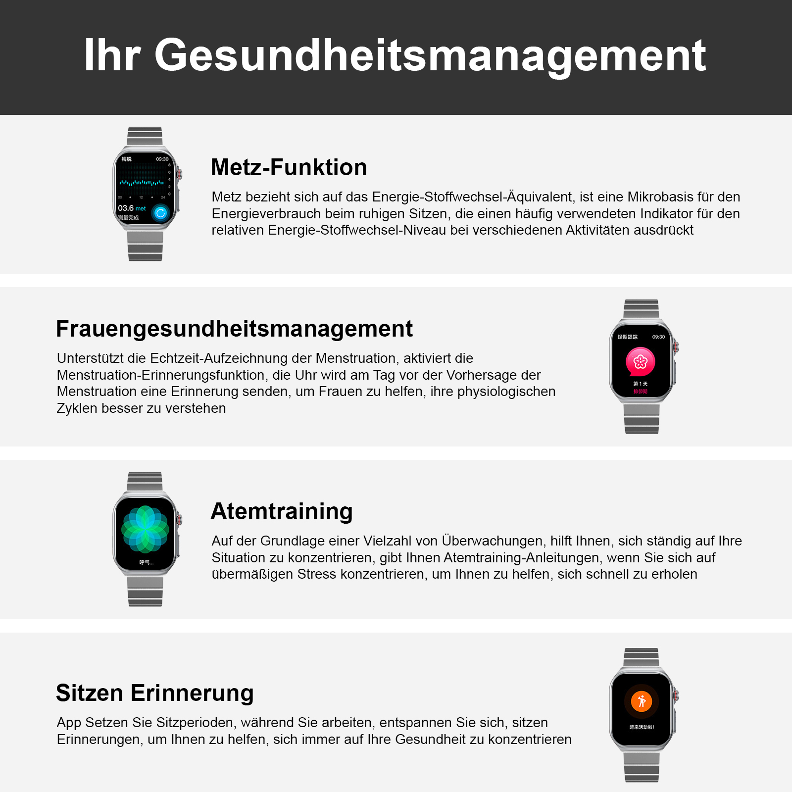 Smartwatch mit Gesundheits-Tracking-Funktionen. Grafiken zeigen Funktionen wie Stoffwechsel, Frauengesundheit, Atemtraining und Sitzerinnerungen.