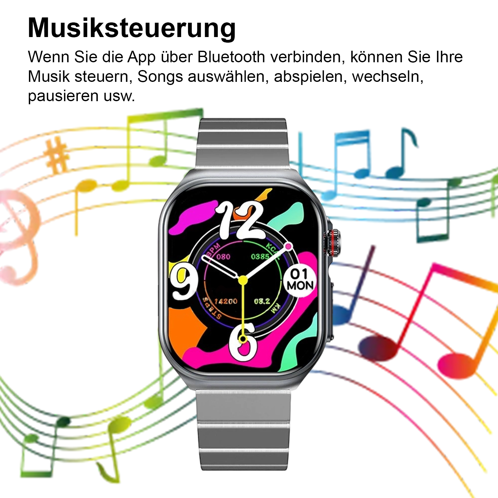 Eine Smartwatch zeigt Zeit, Schritte und andere Metriken an. Der Bildschirm hat ein farbenfrohes Design.