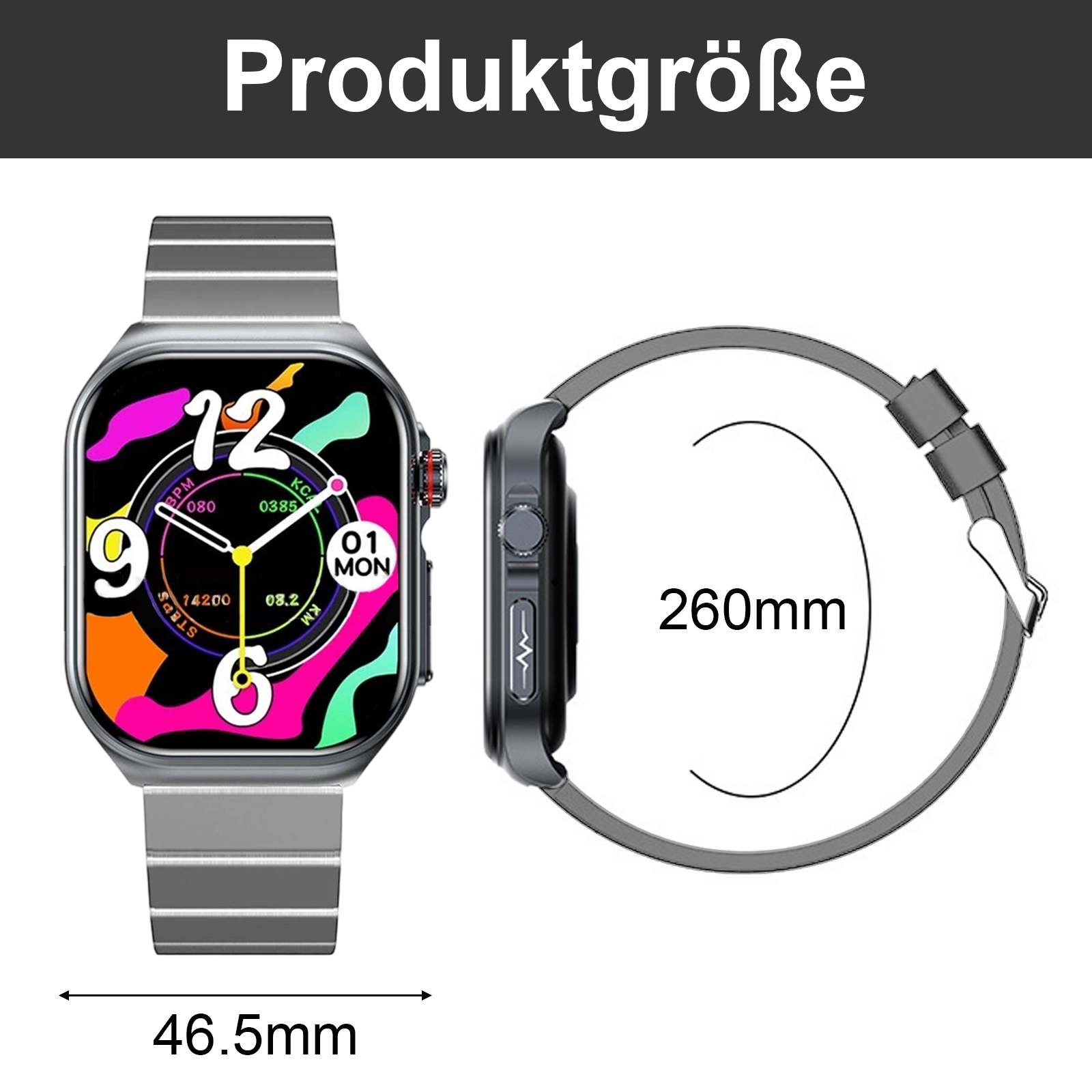Eine schwarz-graue Smartwatch mit digitaler Anzeige, neben ihren Abmessungen und Maßen in mm.
