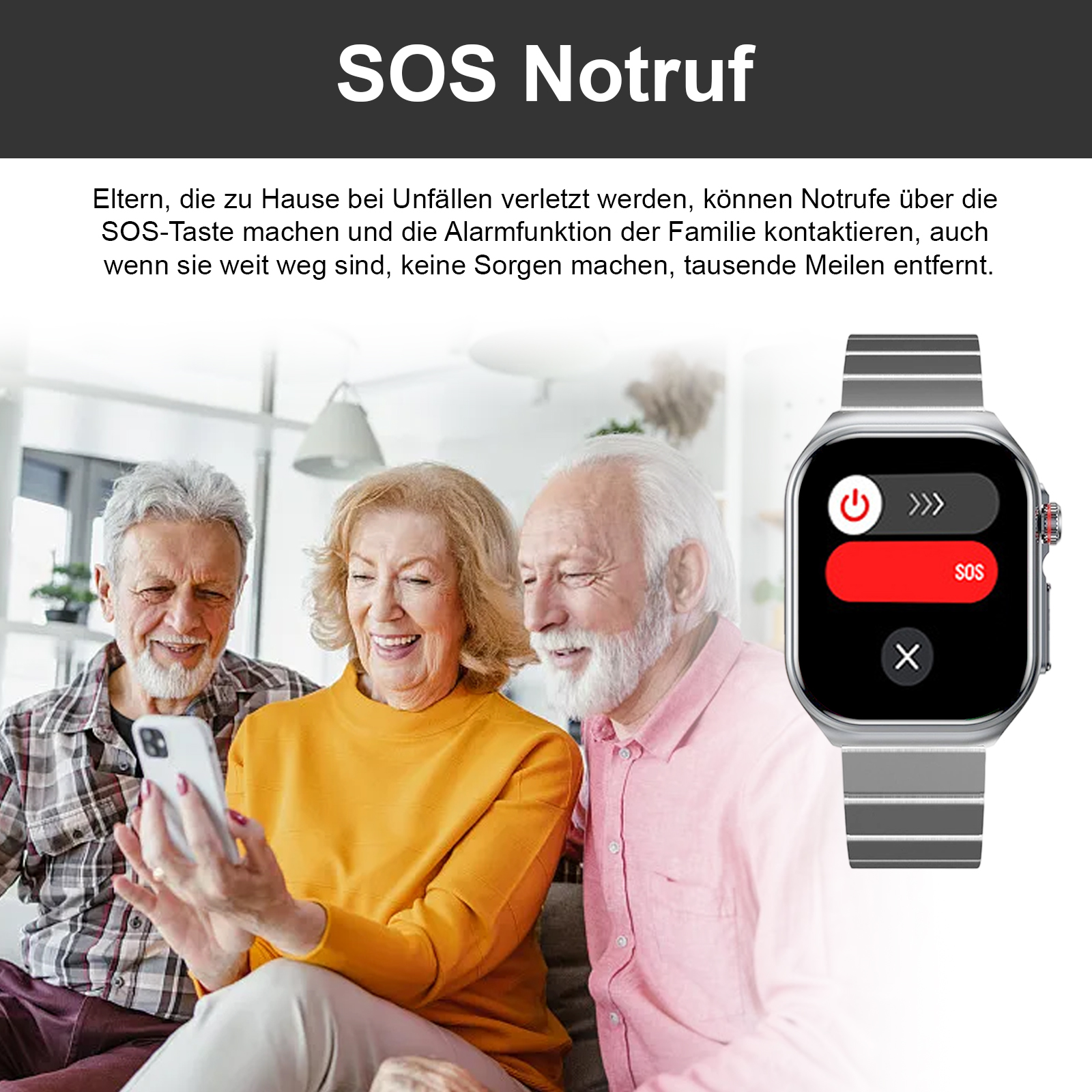 Drei ältere Erwachsene schauen auf ein Telefon. Eine Smartwatch zeigt einen SOS-Anrufbildschirm.