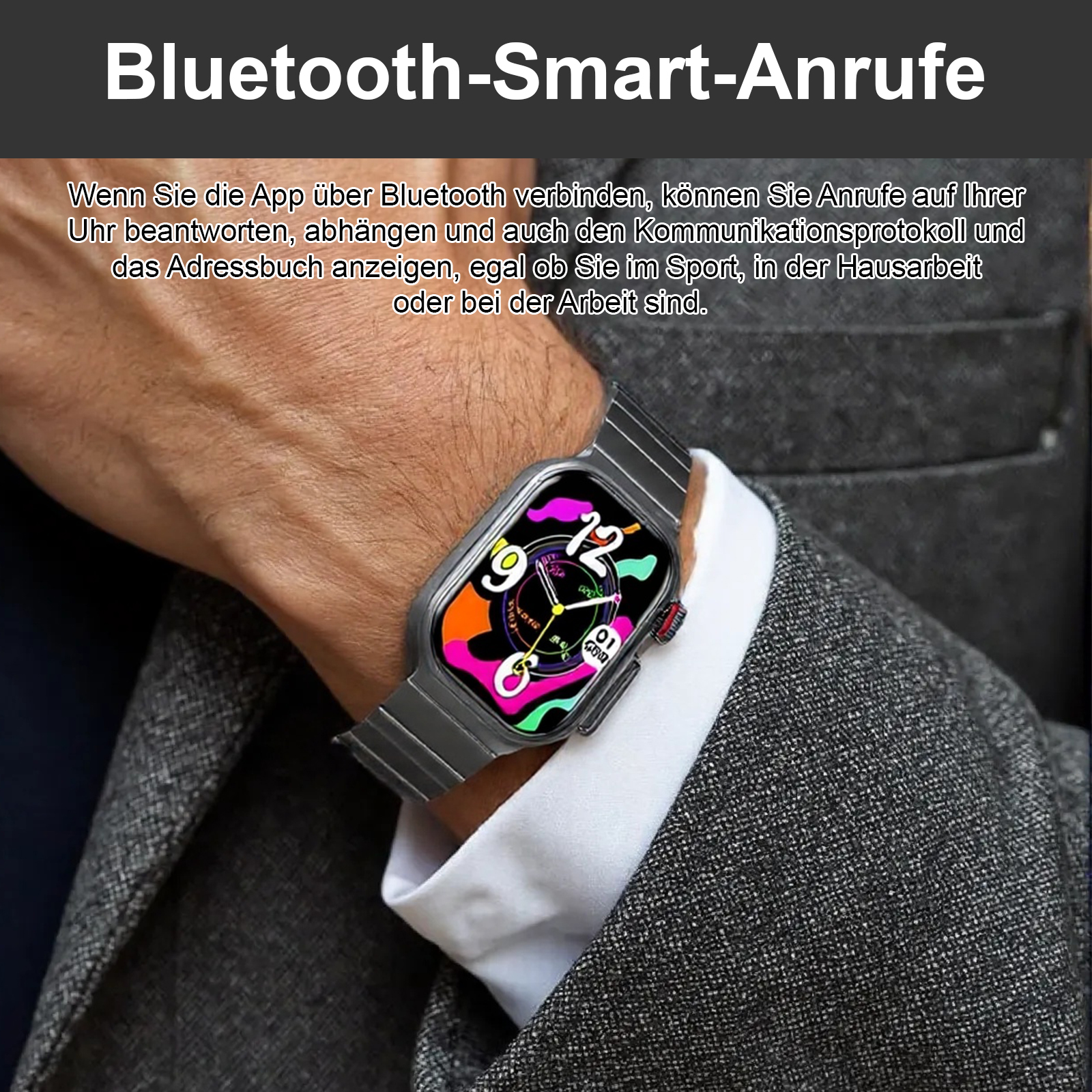 Handgelenk einer Person mit Smartwatch. Die Uhr hat ein graues Metallarmband und ein farbenfrohes Display. Text: Bluetooth.