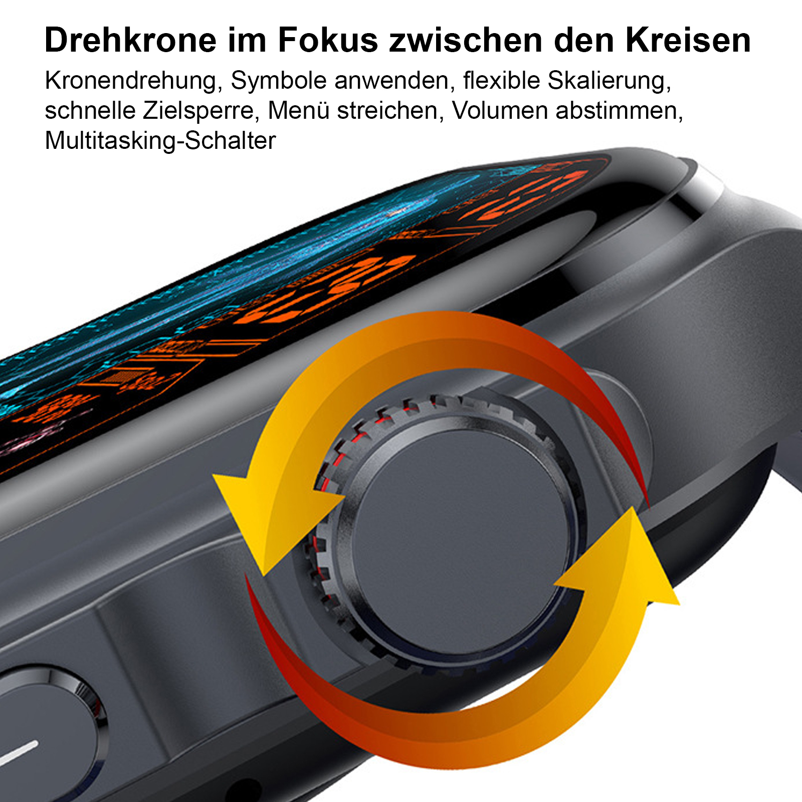 Nahaufnahme einer Smartwatch. Ein Drehregler mit Pfeilen wird angezeigt.