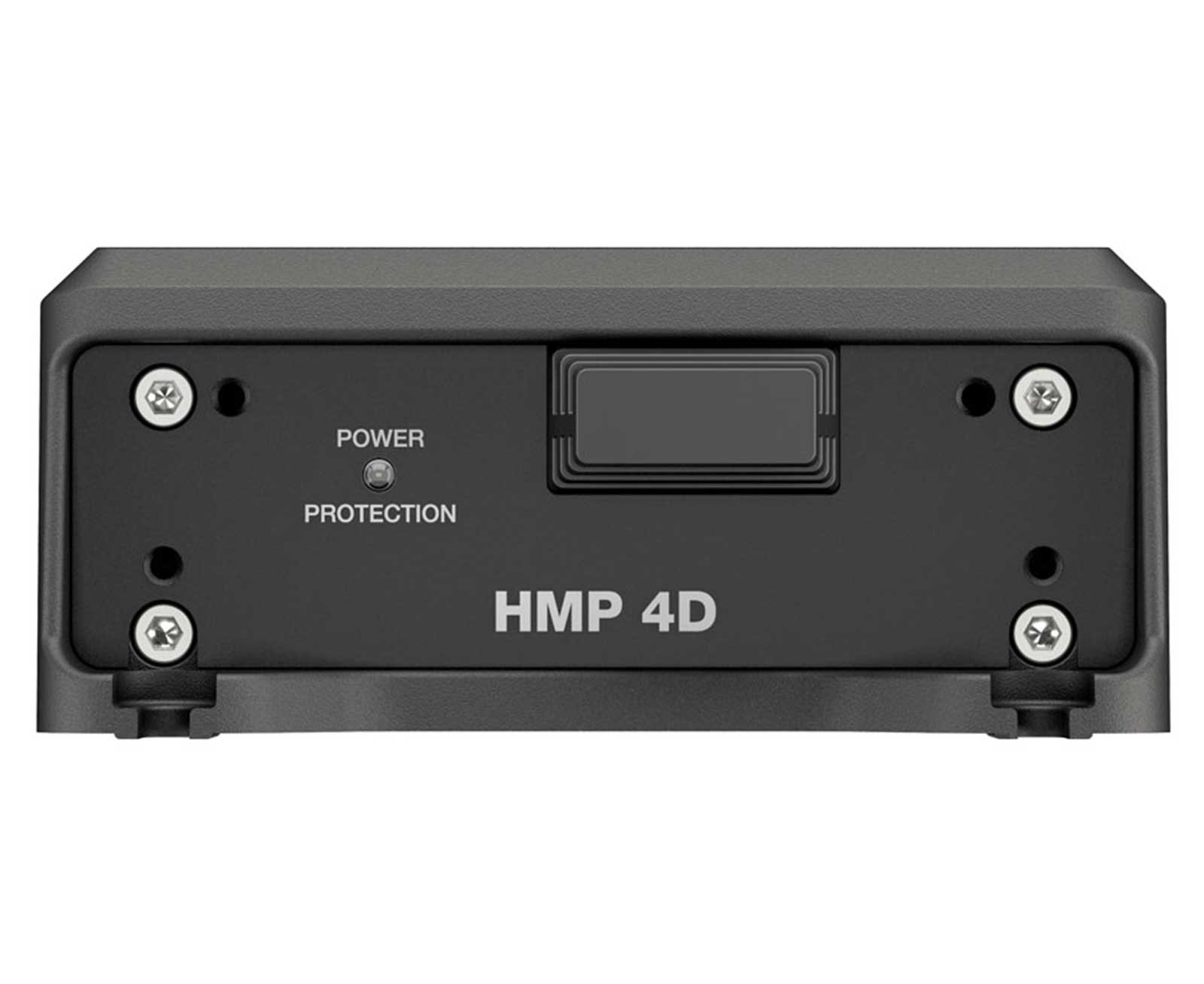 Schwarzer Verstärker mit den Bezeichnungen Power, Protection und HMP 4D. Er hat Schraubenköpfe an den Ecken.