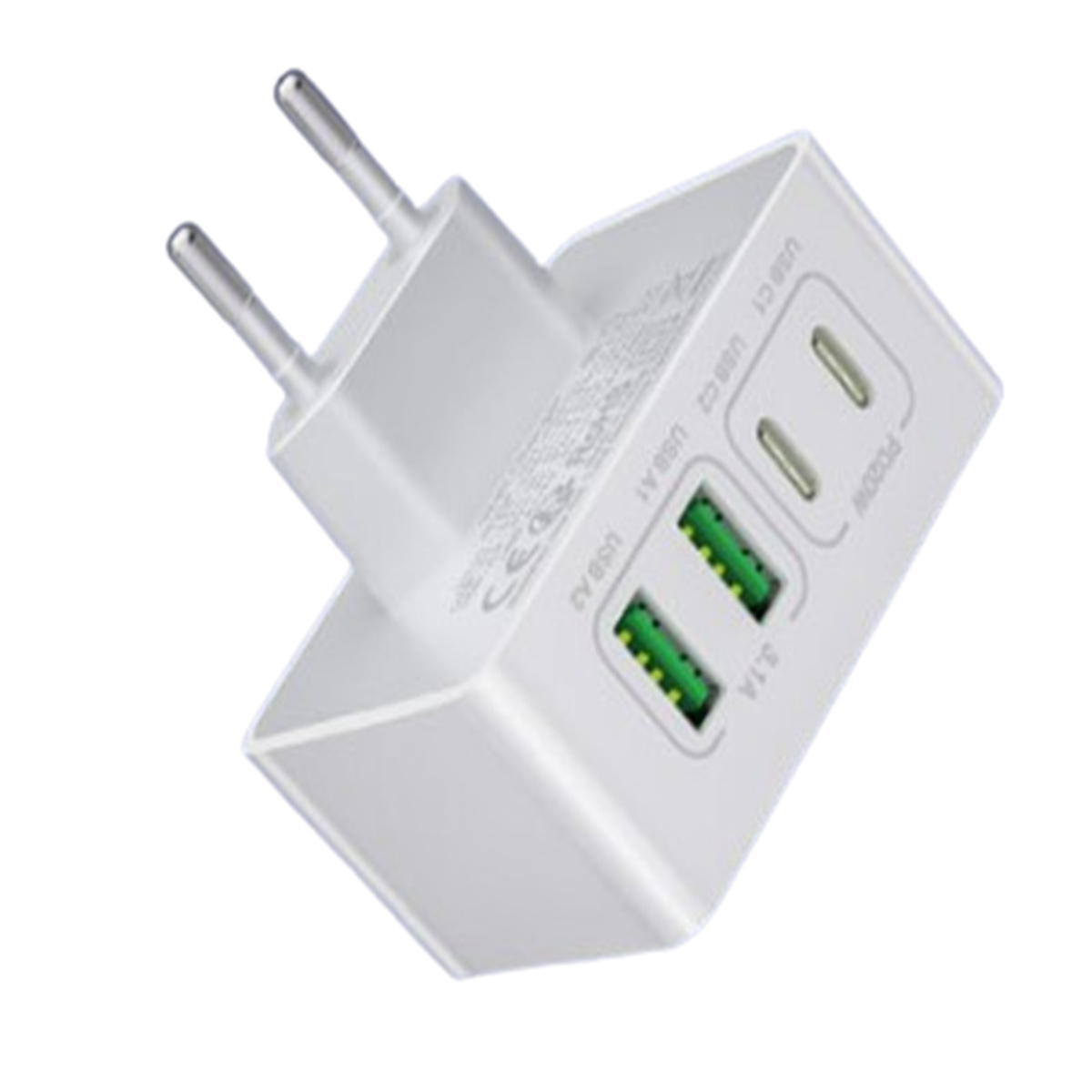 Weißes Wandladegerät mit zwei USB-A-Anschlüssen und zwei USB-C-Anschlüssen.