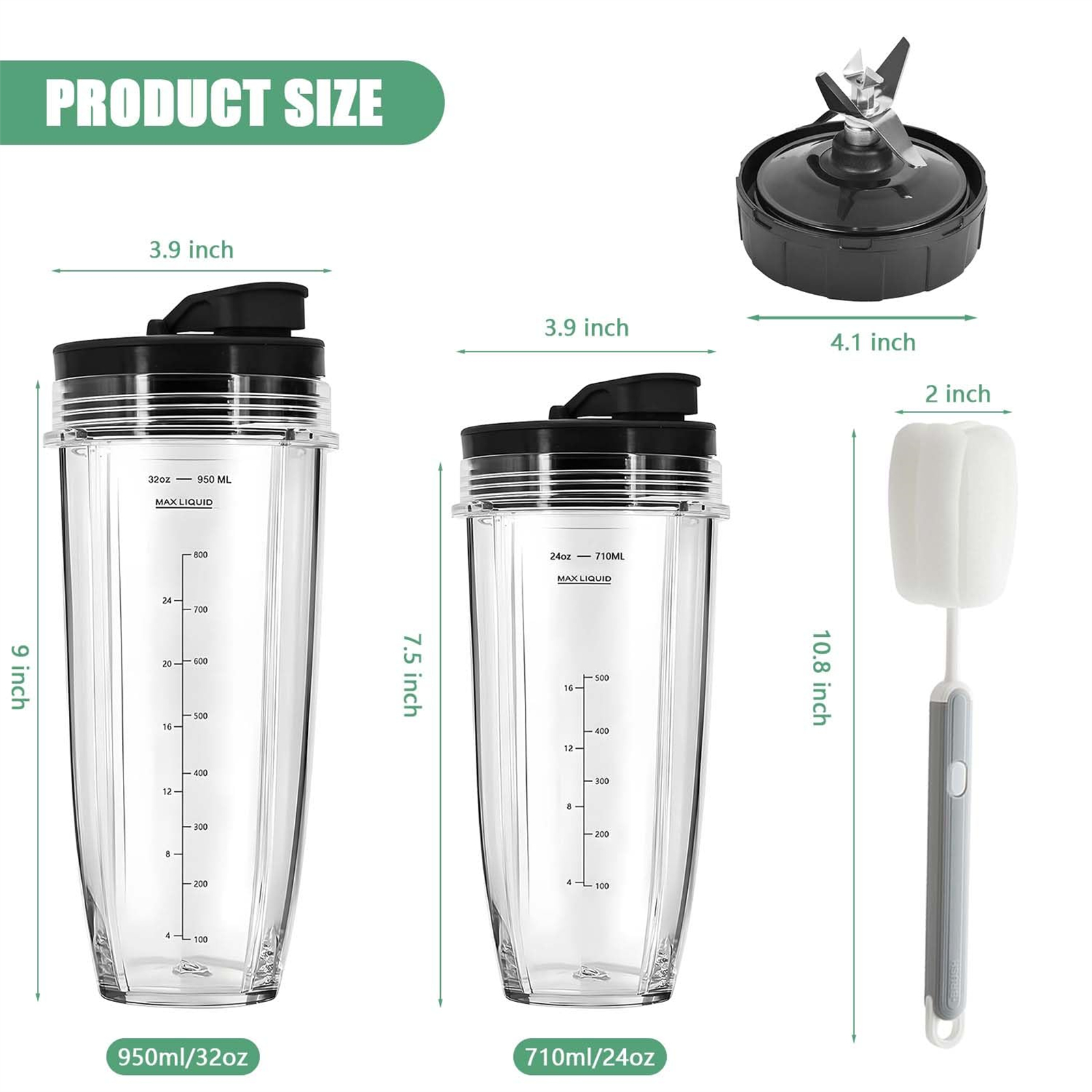 Produktgrößendiagramm mit einem Mixbecher, einer Klinge und einer Reinigungsbürste. Der Becher hat Maße.