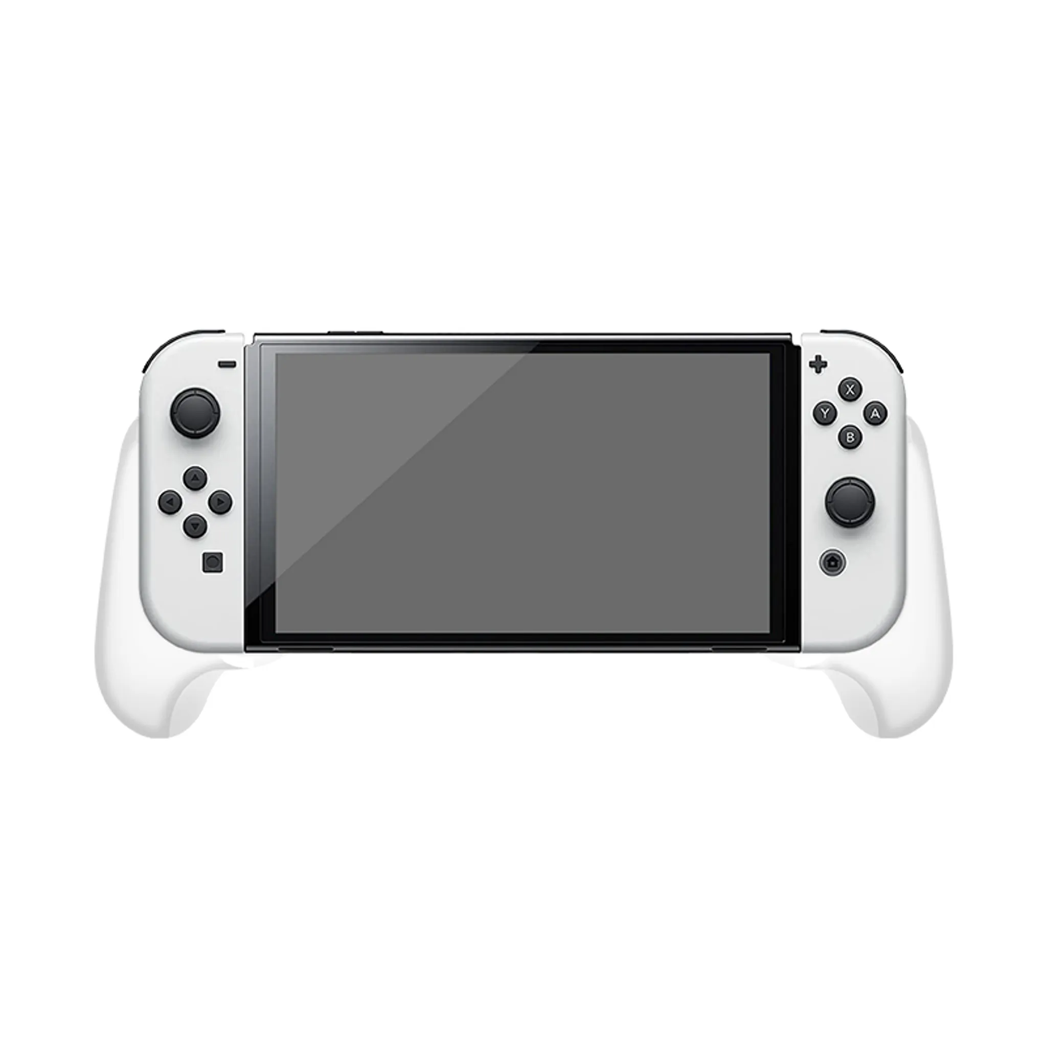 Weiße Nintendo Switch-Konsole mit angeschlossenen Controllern auf weißem Hintergrund.