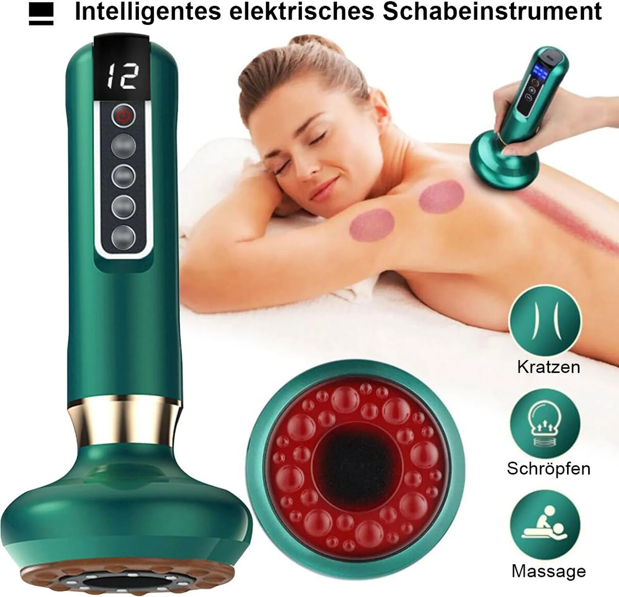 Eine Frau erhält eine Schröpftherapie mit einem grünen Gerät, weitere Werkzeuge werden gezeigt.