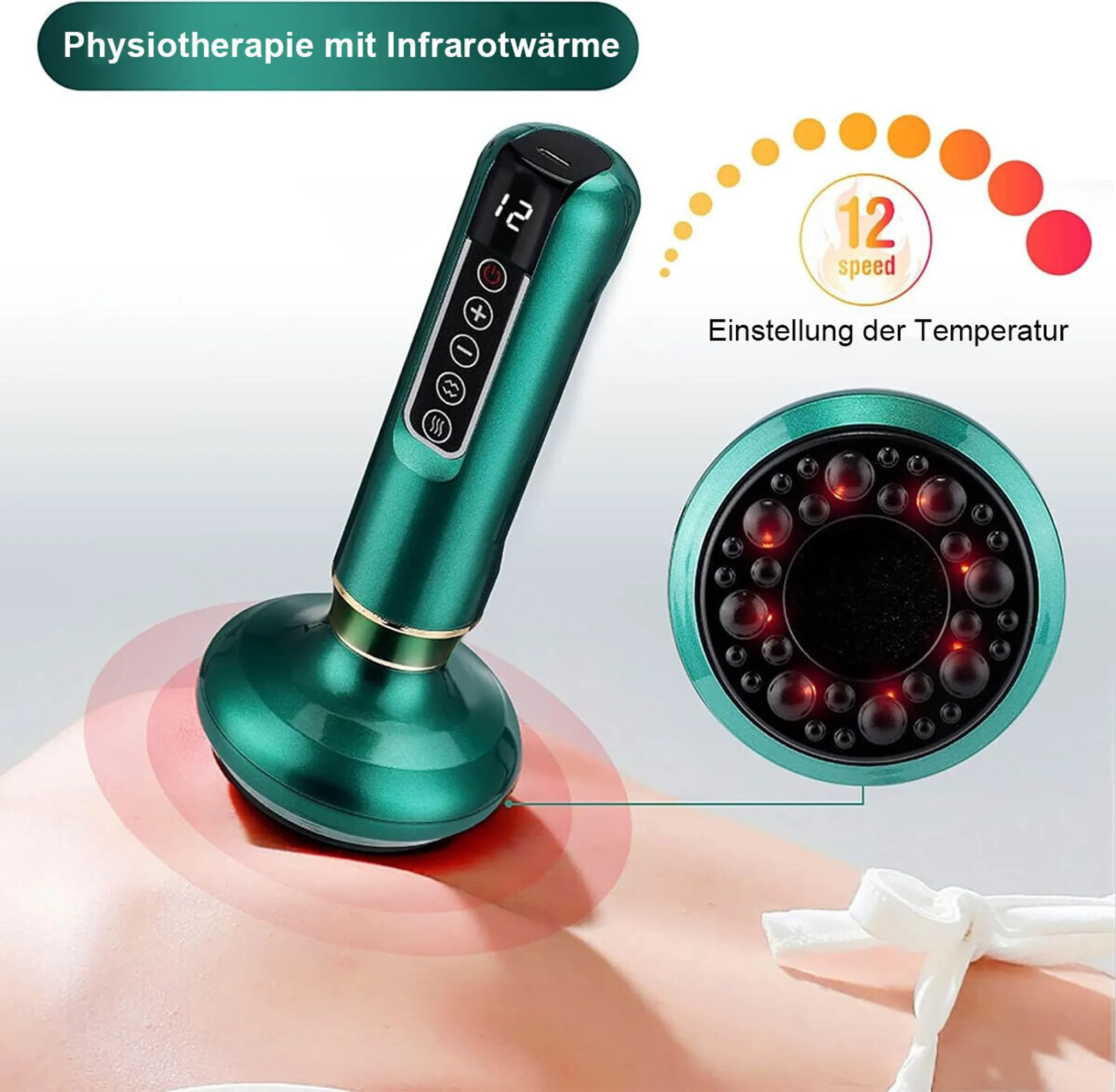 Ein grünes Physiotherapiegerät für Infrarottherapie mit Temperatureinstellungen auf dem Display.
