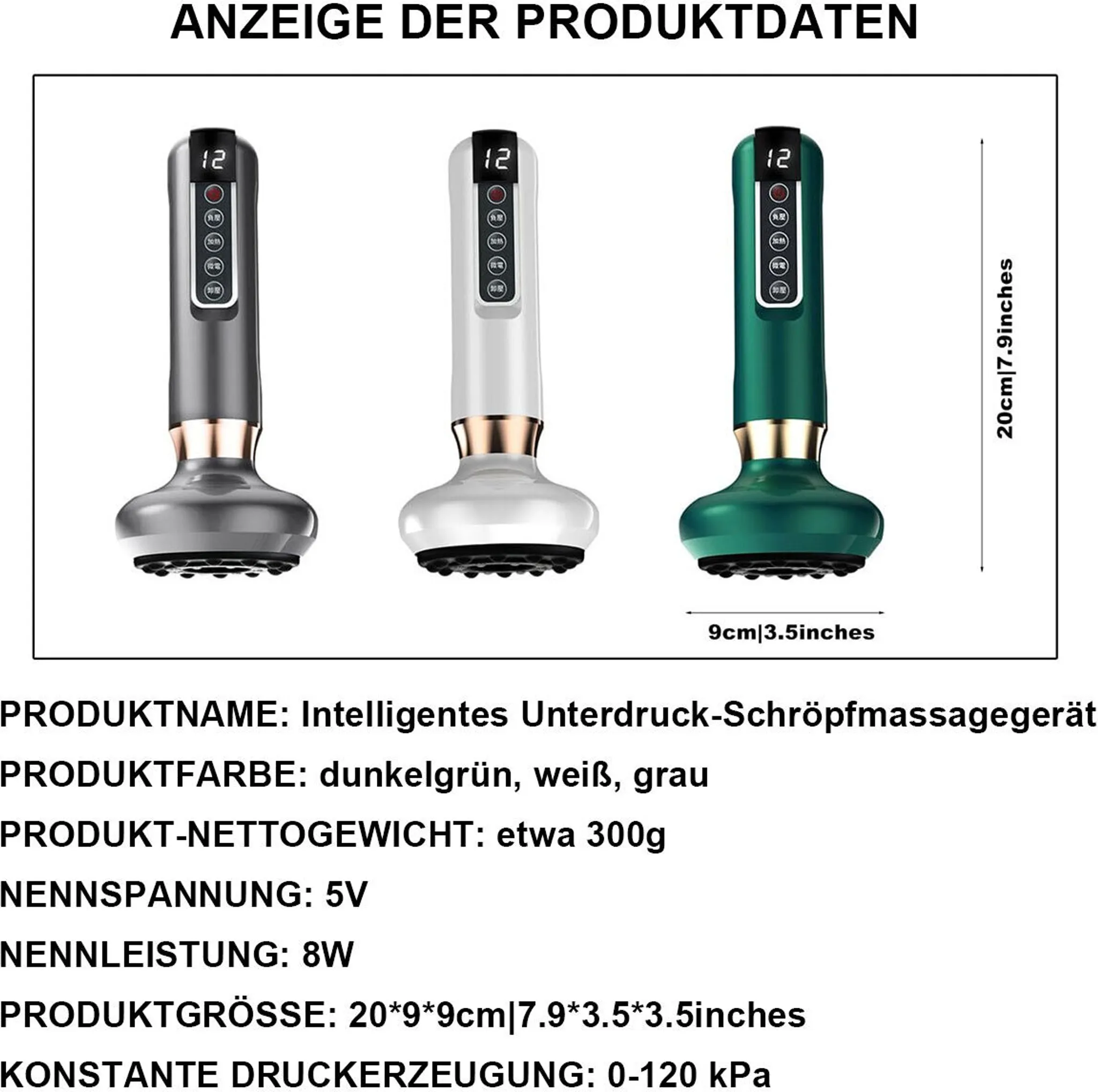 Drei medizinische Massagegeräte, mit ihren Abmessungen und Informationen auf einer weißen Oberfläche.
