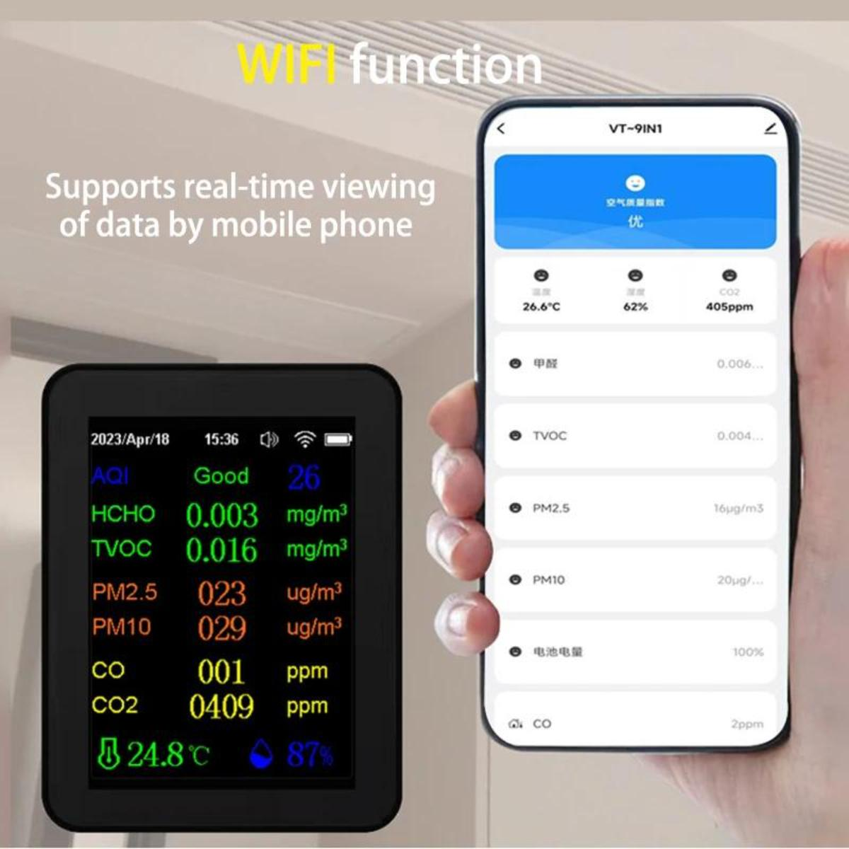 Luftqualitätsmonitor zeigt Daten an. Hand, die ein Telefon hält, das dieselben Daten per Wi-Fi anzeigt.