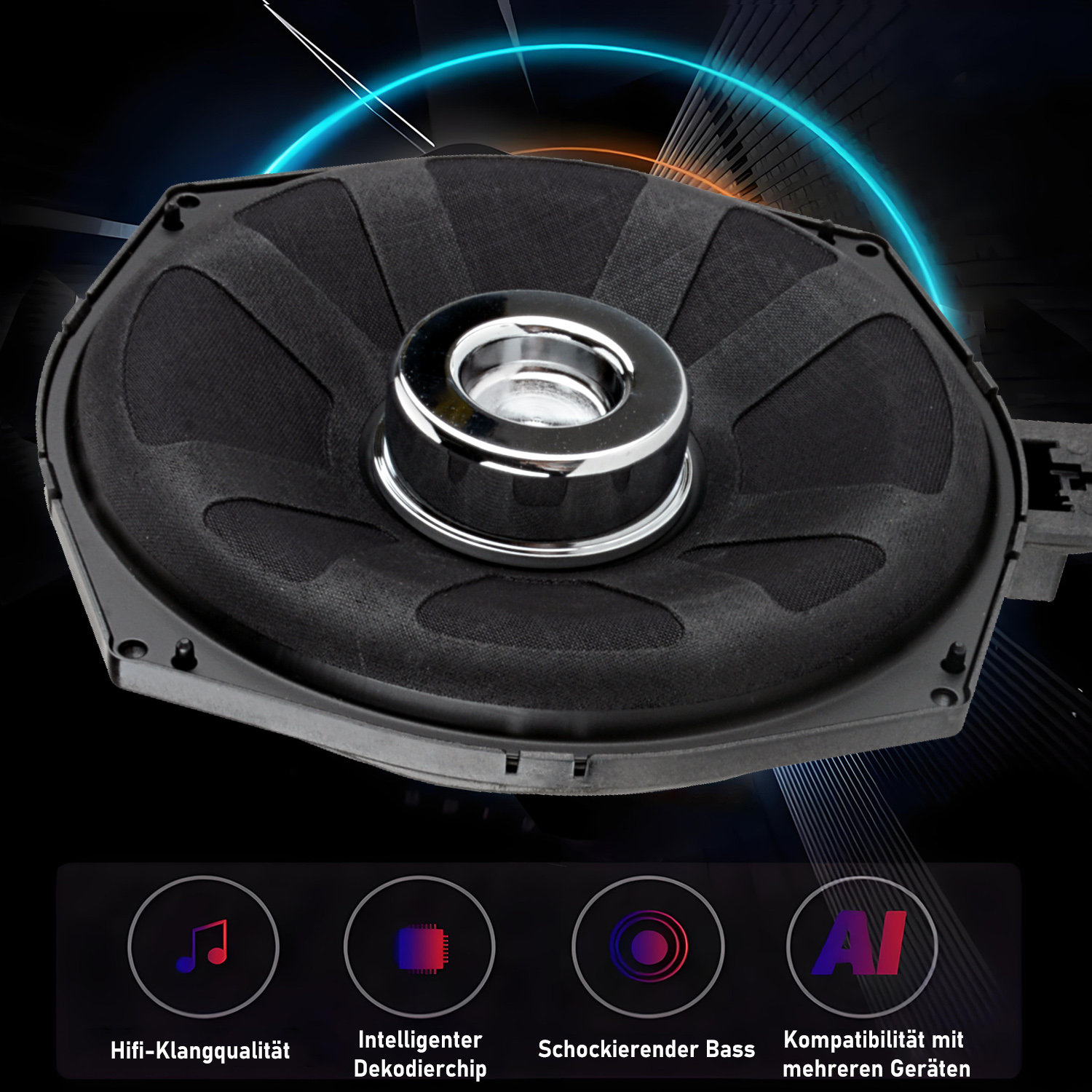 Ein Auto-Subwoofer zeigt das Design und die Funktionen des Lautsprechers: HiFi-Klangqualität, intelligenter Chip, schockierender Bass und Gerätekompatibilität.